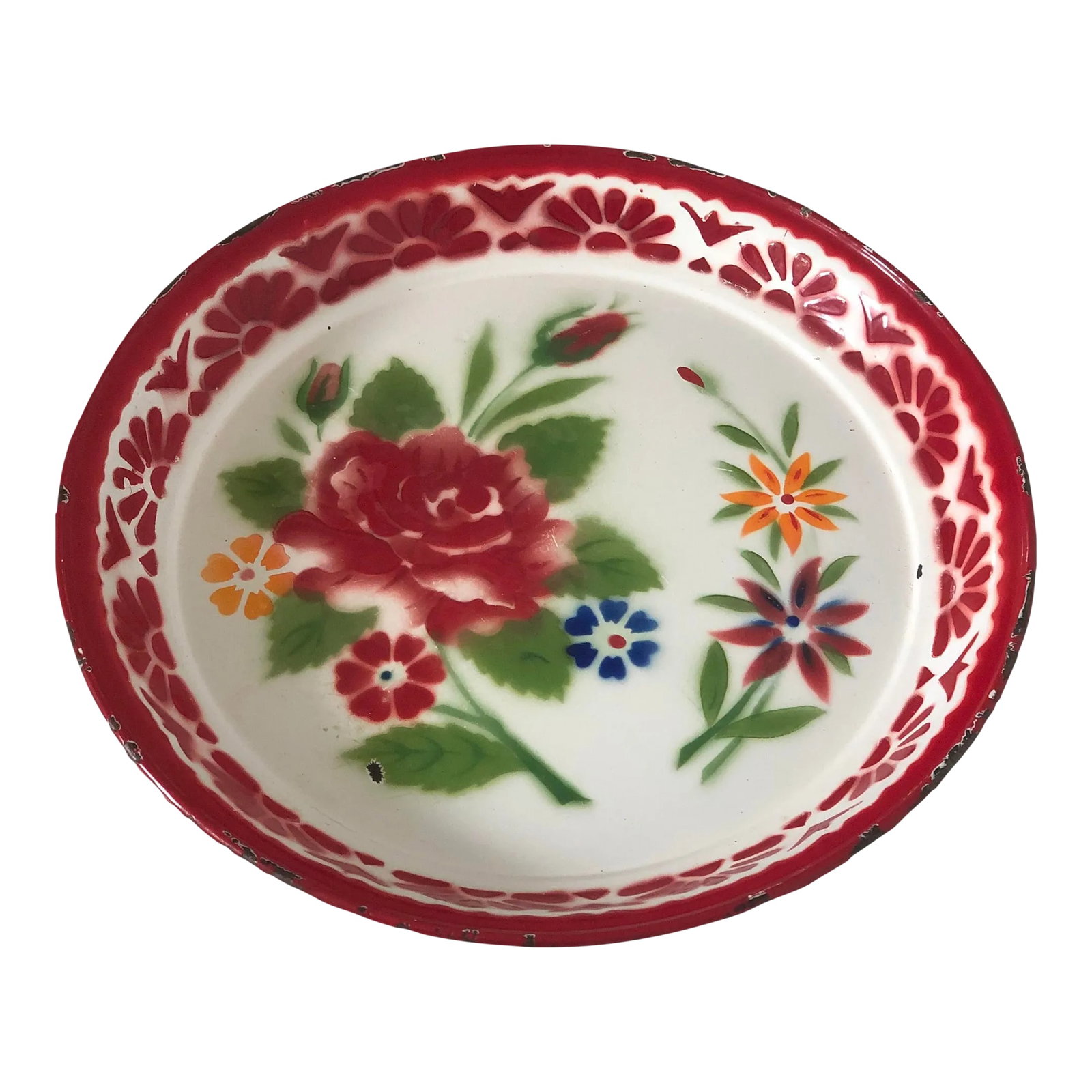 Vintage Airbrushed Enamel Metal Serving Tray: This versatile party tray, painted in an air-brushed graffiti style, is the perfect all-season piece to serve up your iced teas, lemonades, autumn ciders or holiday nogs from. Condition: Alterations: