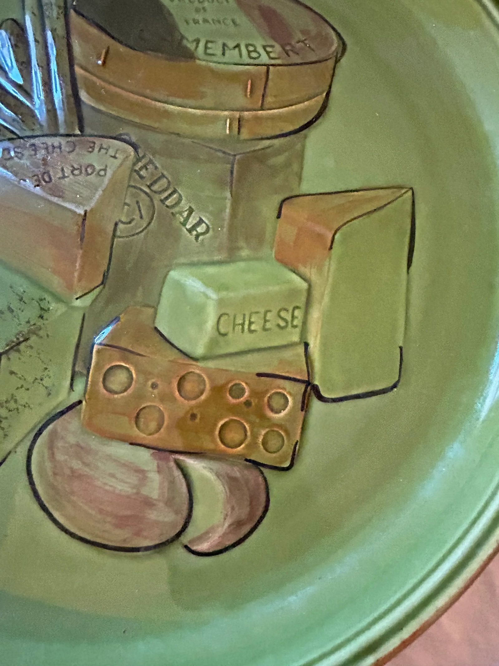 1960 Green French Cheese and Bread Round Plate Serving Platters by Los Angeles Potteries - 7