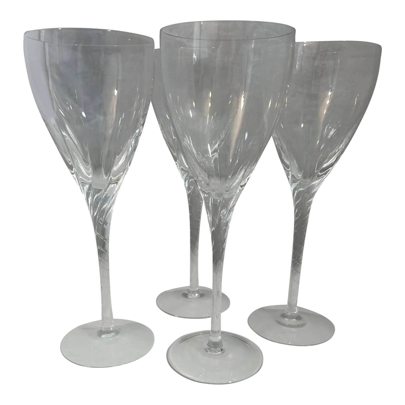 Late 20th Century Lenox Crystal Clear Long Stem Wine Glasses Encore Pattern Set of 4: Contemporary Lenox Crystal Long Stemmed Wine Glasses Set of 4 Encore Pattern Produced between 1997 - 2007. Discontinued. Swirl cut on the bottom of the bowl and along the stem. Contemporary yet