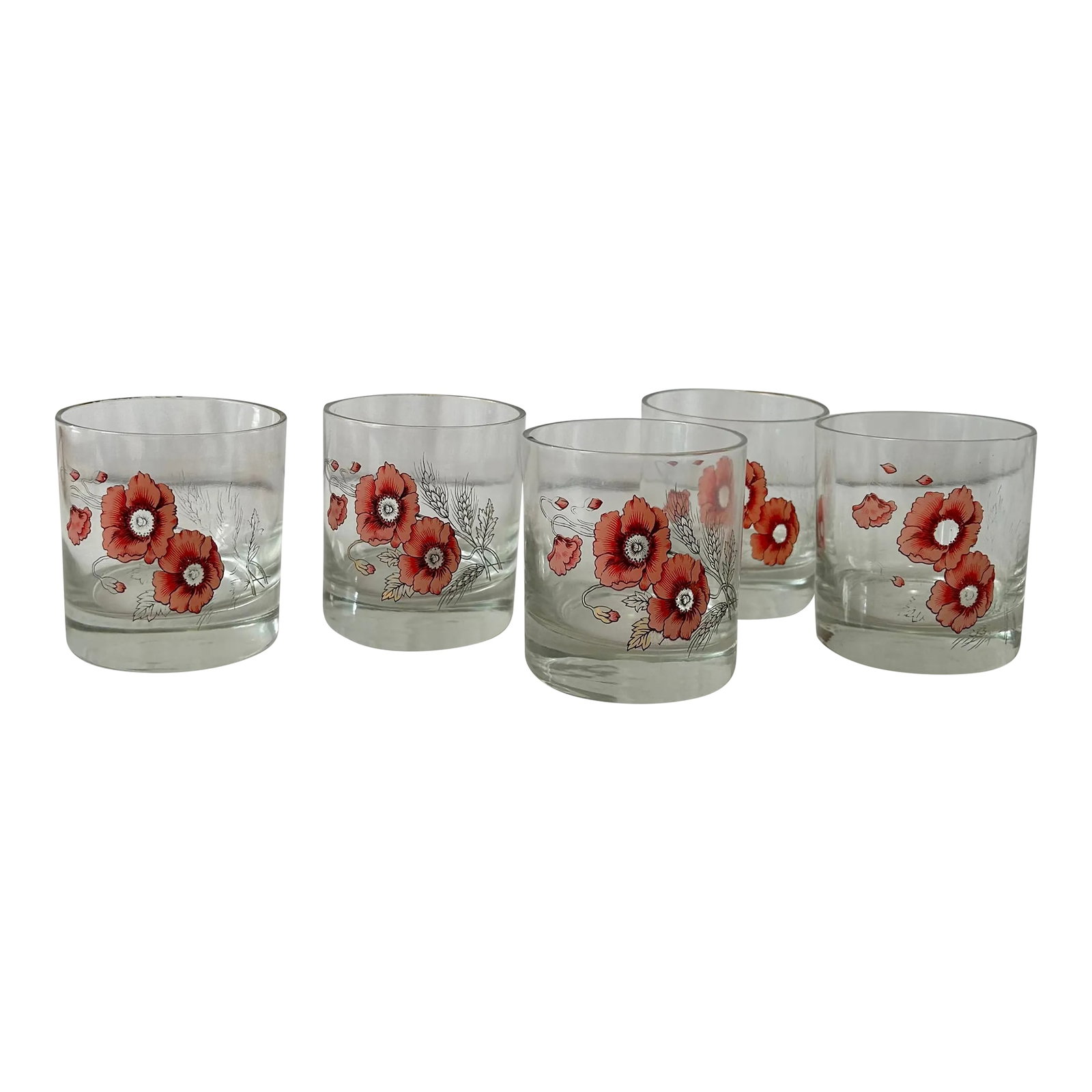 Pretty in Pink Floral Blown Glass Lowball Glasses- Set of 5: Pretty in pink! This set of 5 ball glasses feature pink floral artwork with touches of gold on molded glass. Enjoy a little Mid-Twentieth Century Hollywood Regency glamour with every sip DIMENSIONS: