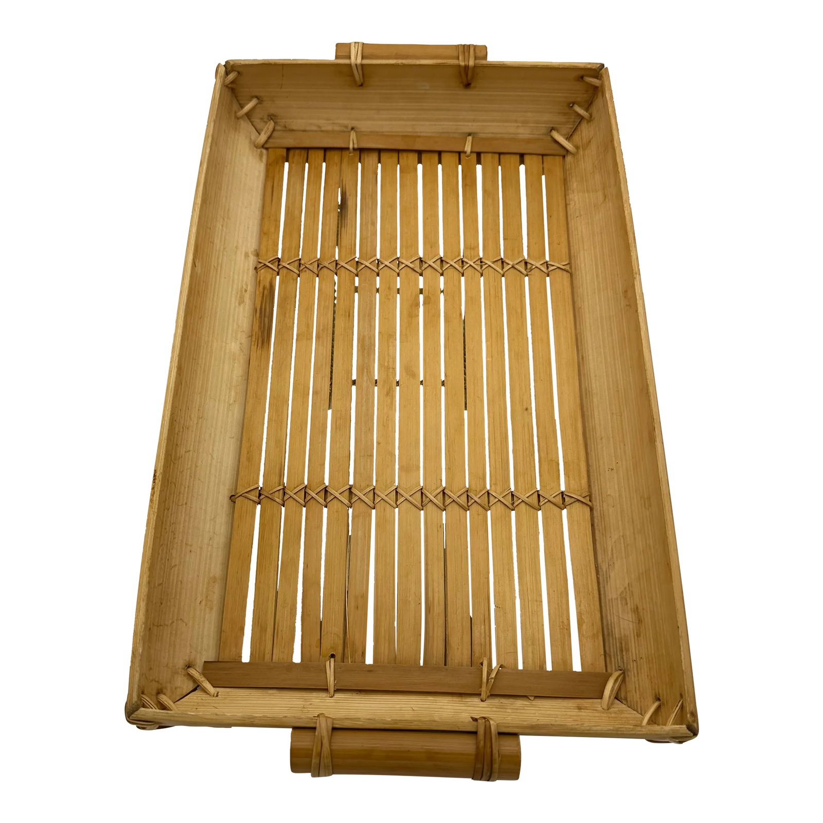 Mid 20th Century Light Bamboo Slat Lap Serving Tray With Cane Handle: Display with your favorite items, or use as a wall hanging. Strong cane handles and beautiful cross stitching. 16" x 9" x 2" Condition: Alterations: Original Condition Unaltered Imperfections: Some