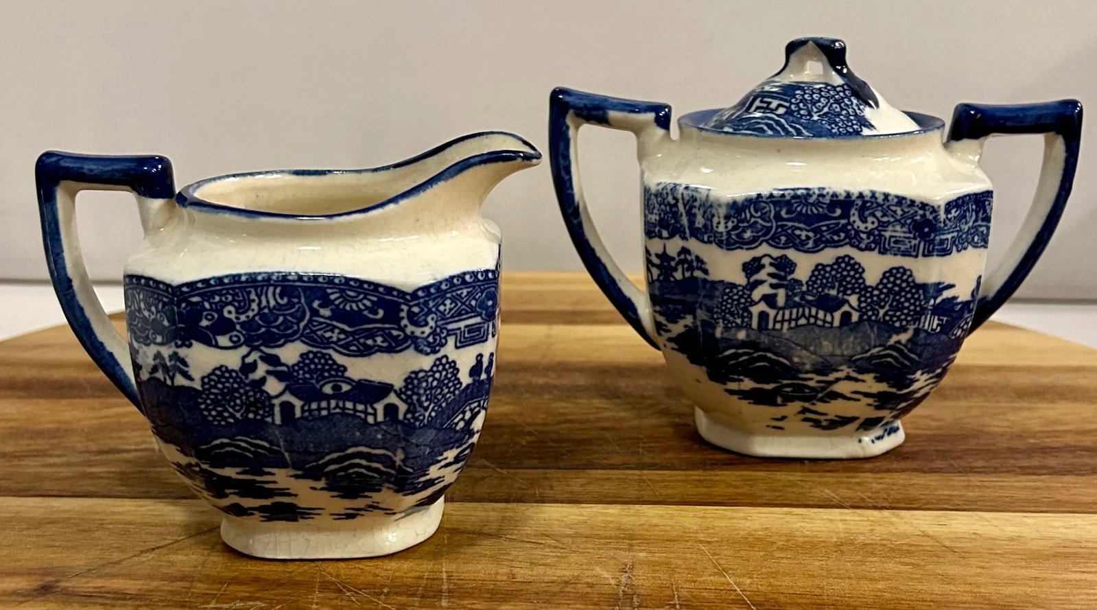 Art Deco Blue Willow Transferware Sugar and Creamer Set, 2 Pieces - 2