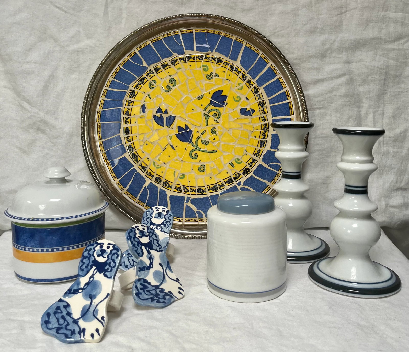Vintage Round Silver Plated Blue and Yellow Floral Mosaic Tile Tray - 10