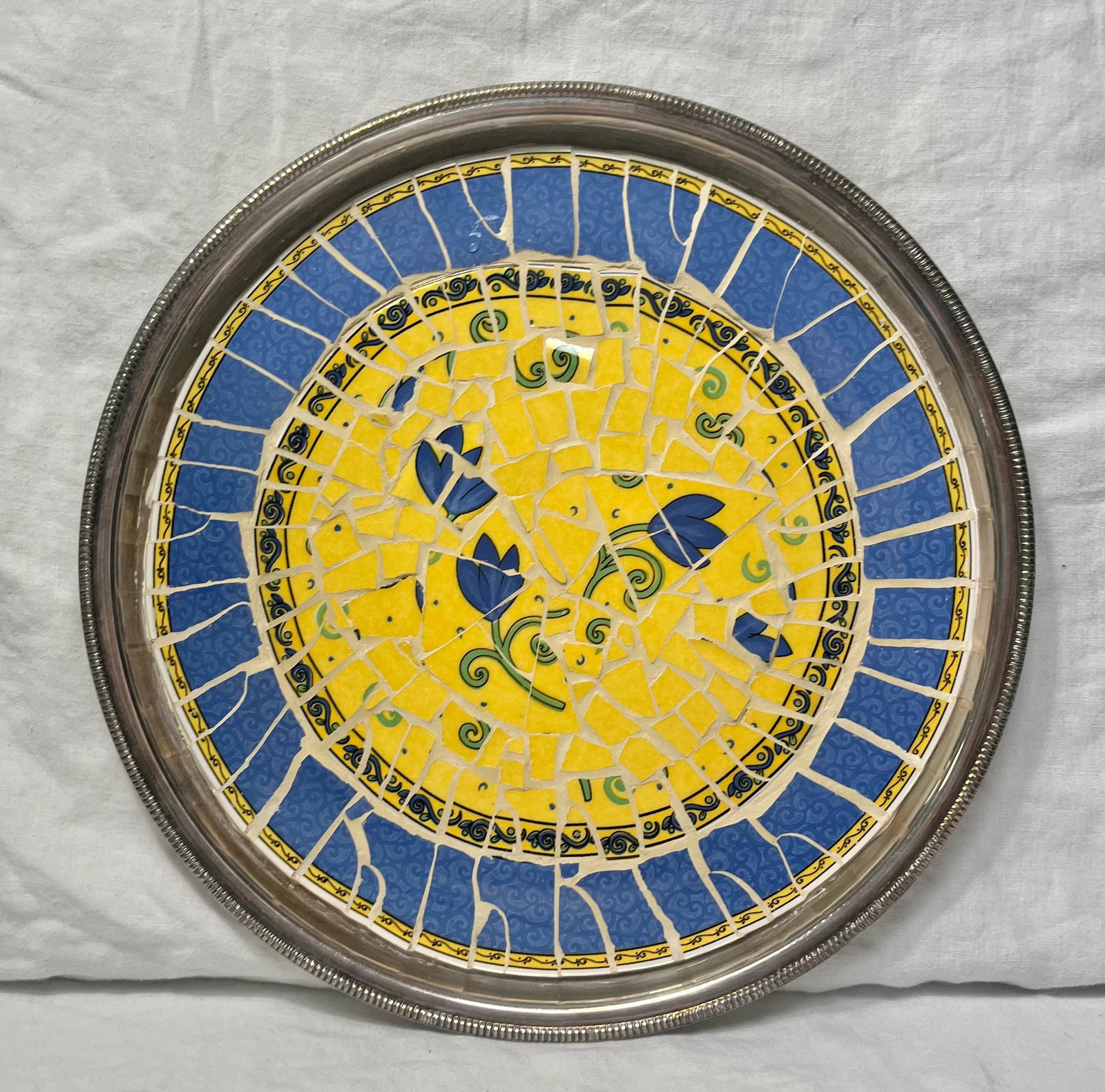 Vintage Round Silver Plated Blue and Yellow Floral Mosaic Tile Tray - 11