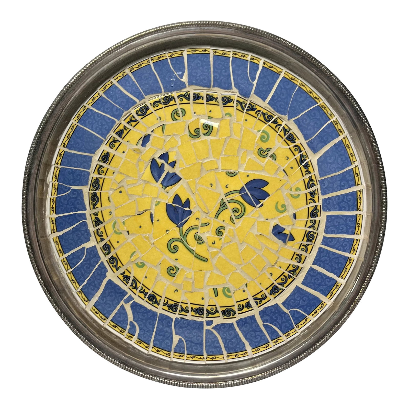 Vintage Round Silver Plated Blue and Yellow Floral Mosaic Tile Tray: Round and Round! This cheerful round tray has a sunshine yellow and cobalt blue mosaic tile surface depicting a trio of blue tulips on a silver plated base. Perfect for serving drinks or lovely to
