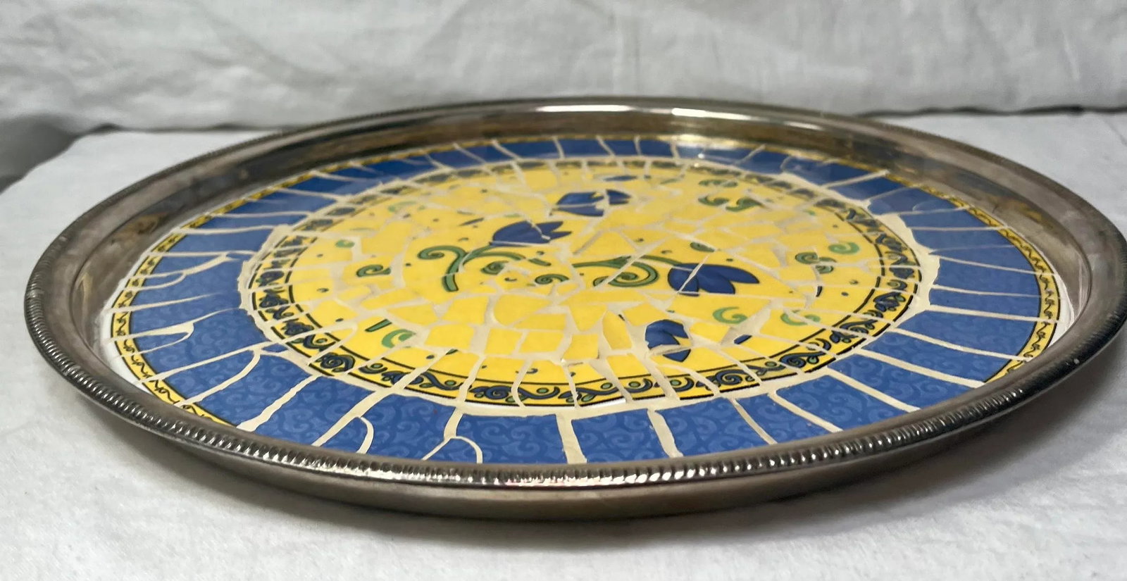 Vintage Round Silver Plated Blue and Yellow Floral Mosaic Tile Tray - 2