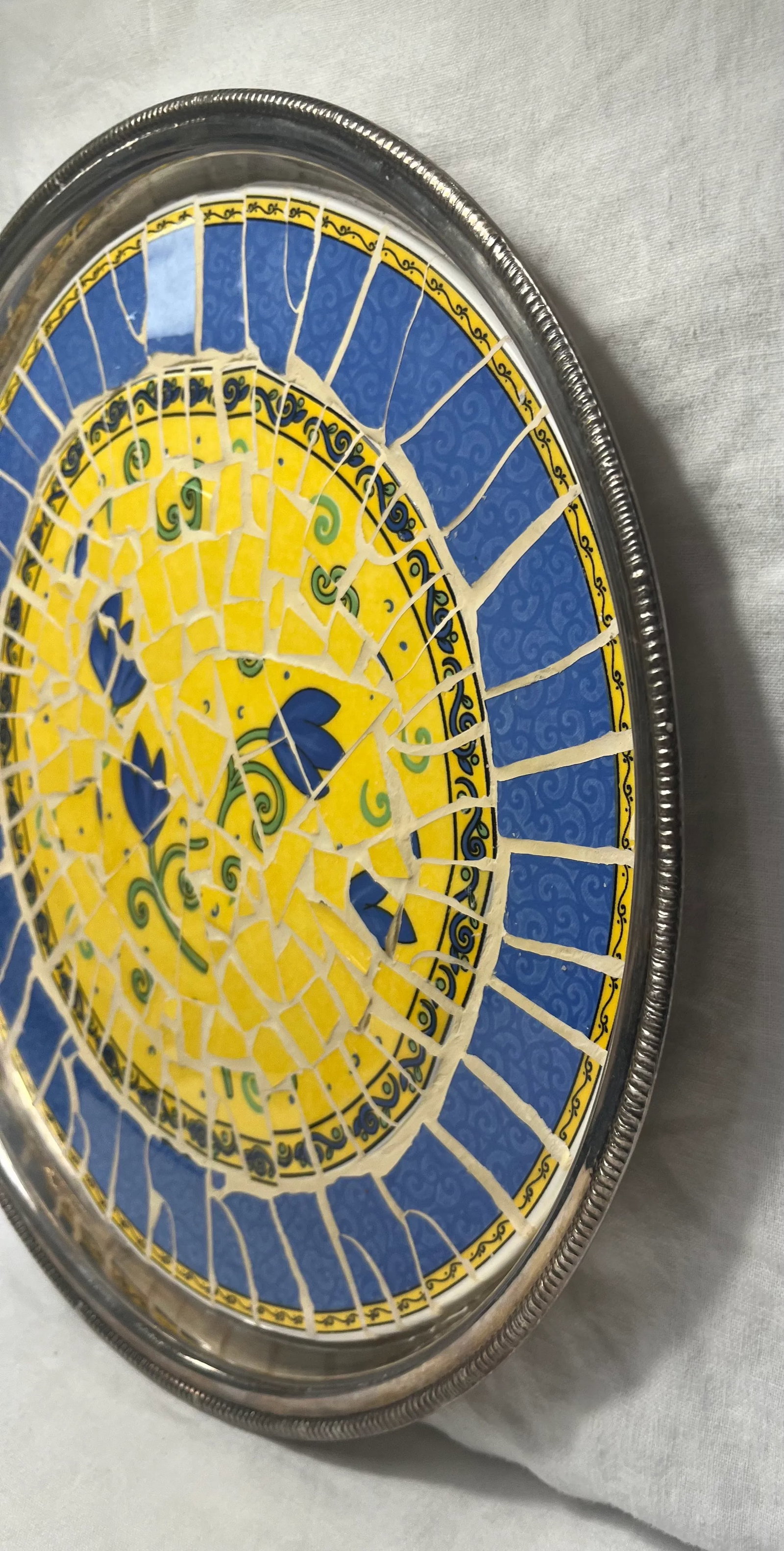 Vintage Round Silver Plated Blue and Yellow Floral Mosaic Tile Tray - 5