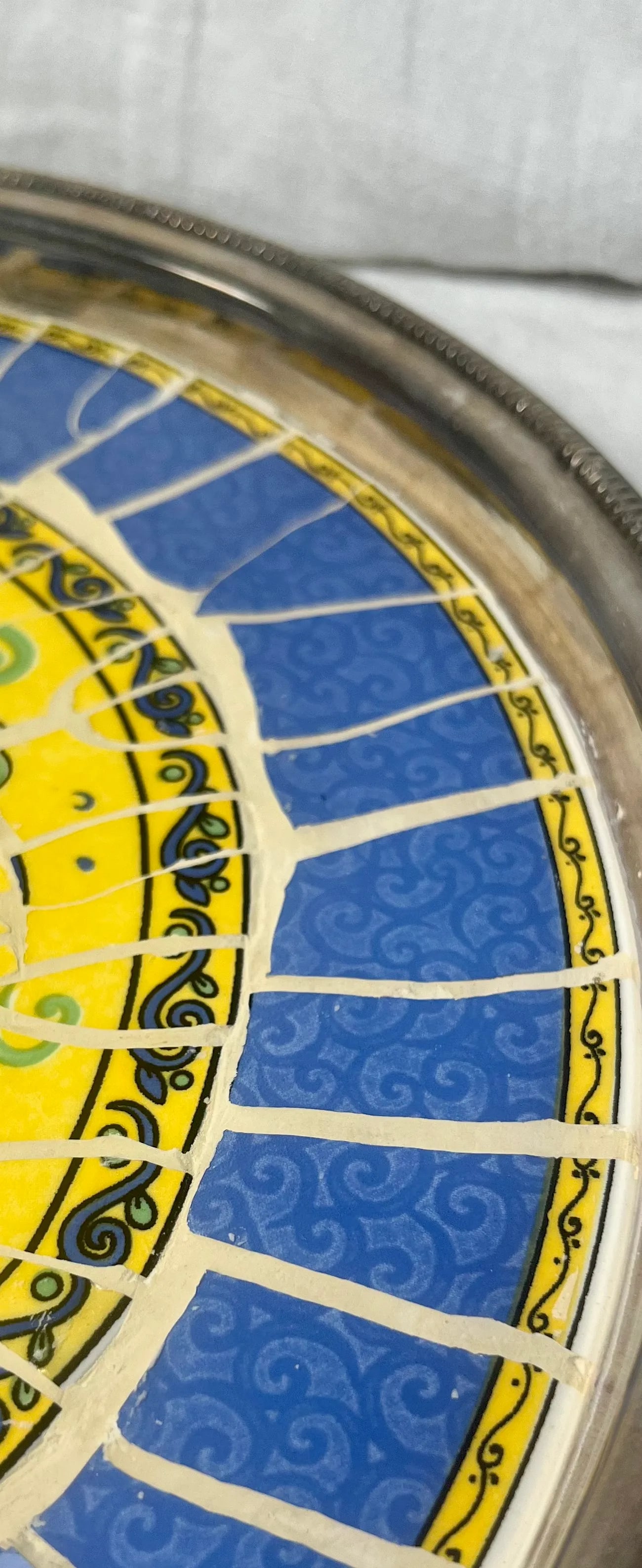 Vintage Round Silver Plated Blue and Yellow Floral Mosaic Tile Tray - 9