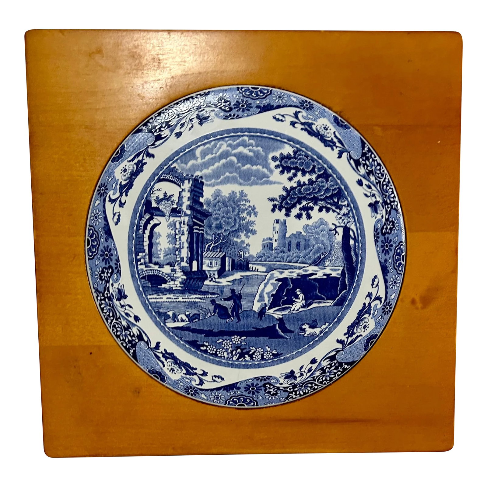 Late 20th Century Spode Blue and White Ceramic Plate and Wood Trivet: Decorative and functional this trivet features a blue and white Spode plate embedded in a square wooden base. PS: If you purchase more than one item, we COMBINE SHIP whenever possible to save you