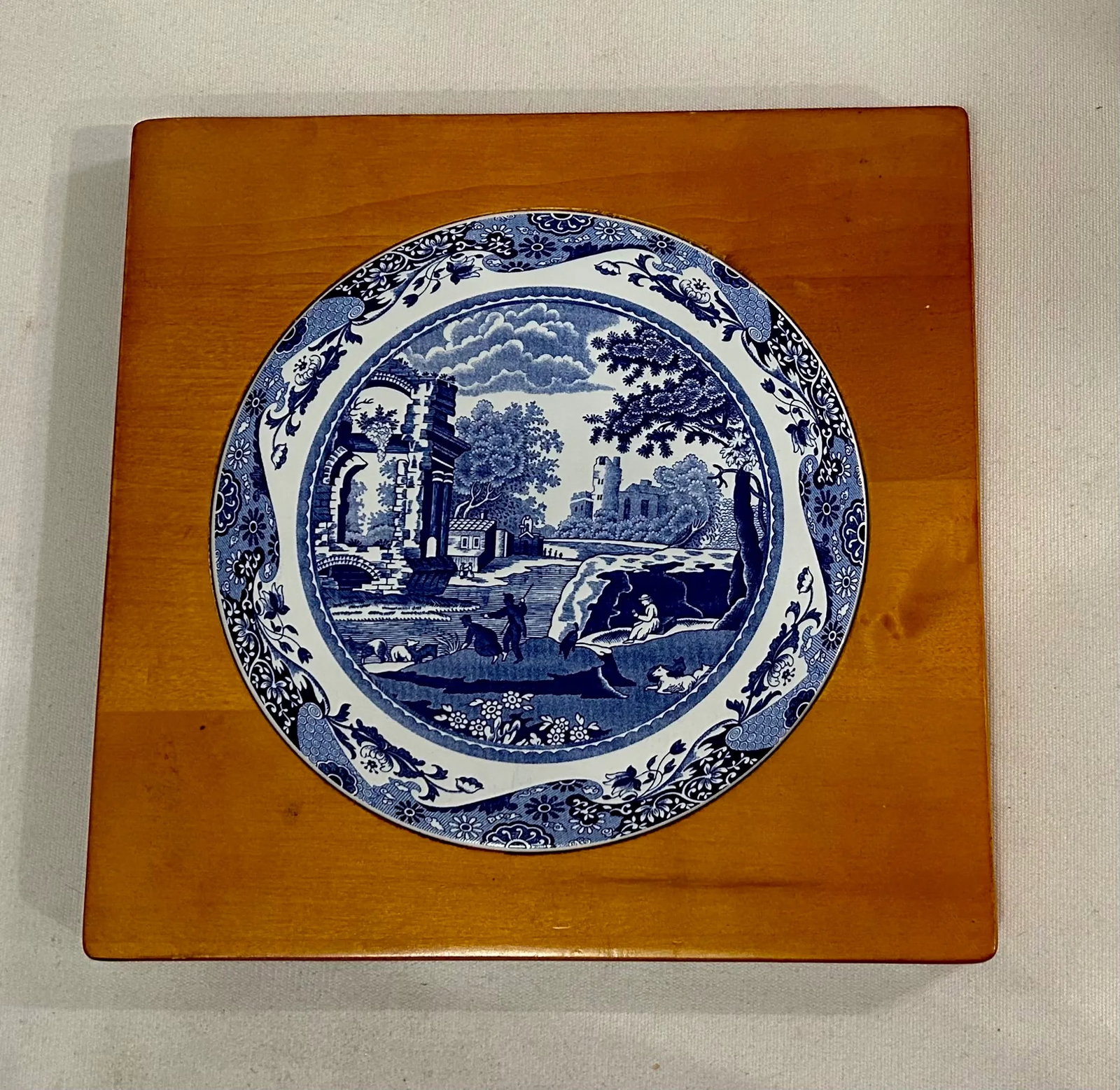 Late 20th Century Spode Blue and White Ceramic Plate and Wood Trivet - 2