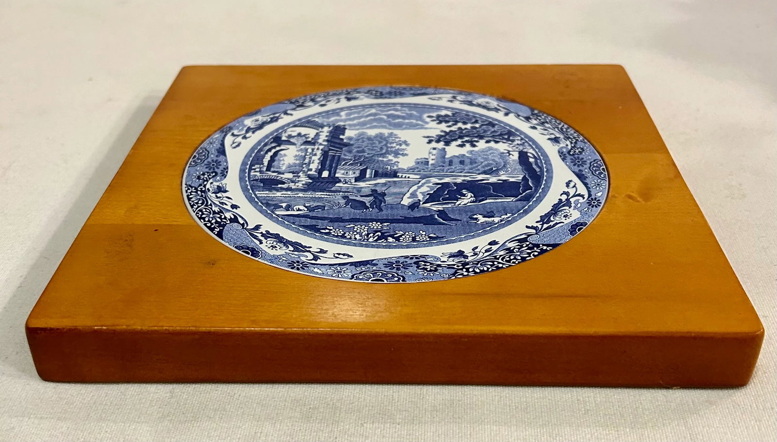 Late 20th Century Spode Blue and White Ceramic Plate and Wood Trivet - 6