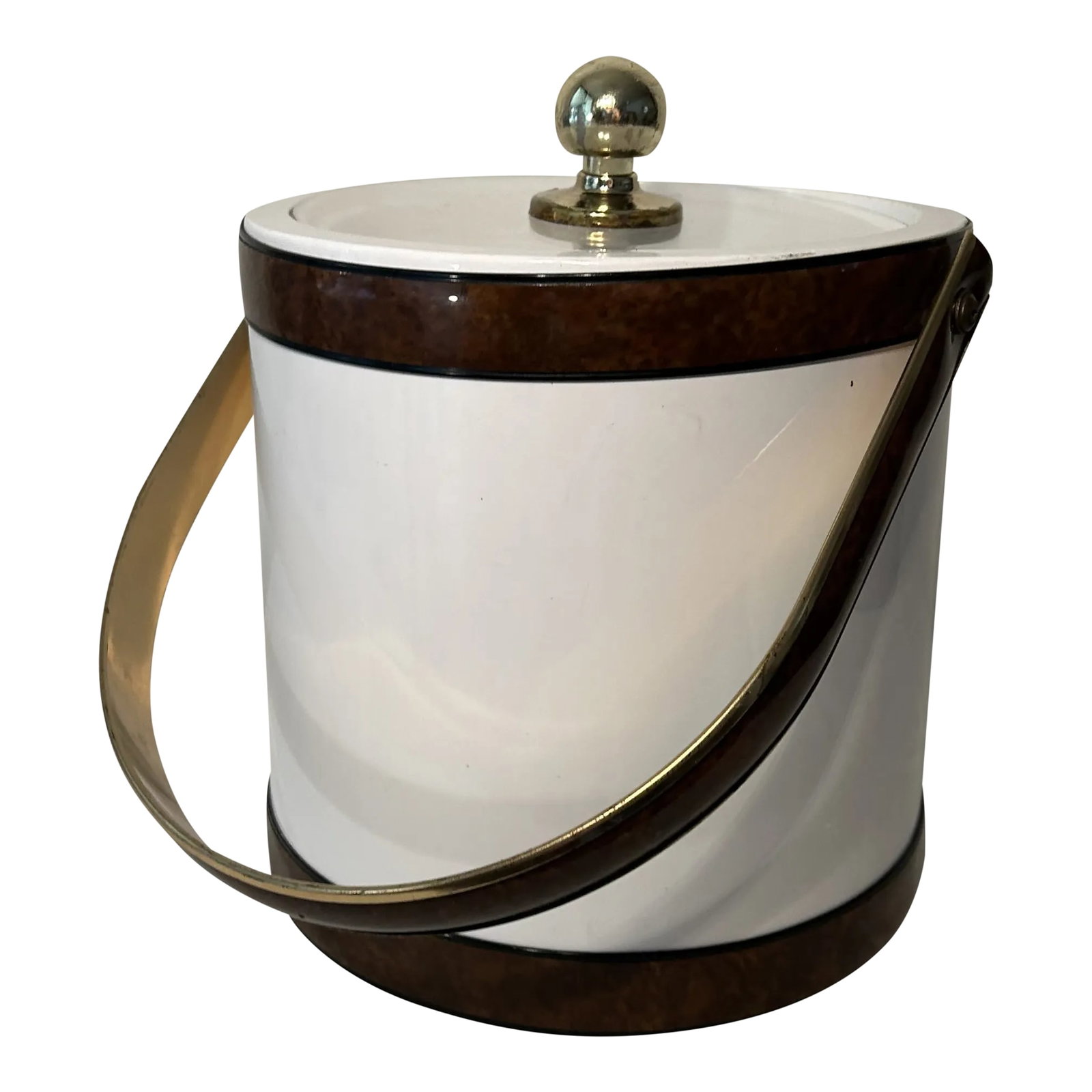 Hollywood Regency Faux Burlwood Morgan & Company Ice Bucket: Fabulous vintage ice bucket in white vinyl with faux burlwood vinyl bands and handle, gold trim and knob handle, and clear lucite. lid by Morgan & Company Bucket Brigade. Beautiful condition, keeping 
