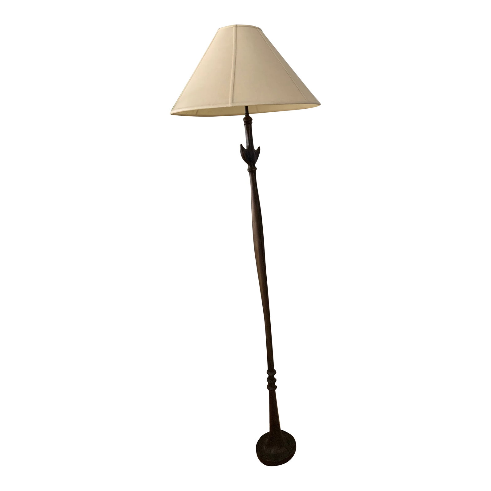 Ironies Floor Lamp With Off White Linen Shade: Bronze sculptured lamp base with off white linen shade made by Ironies from California! Excellent condition 15 years old. Very sculptural accent piece to a room! Condition: Alterations: Original