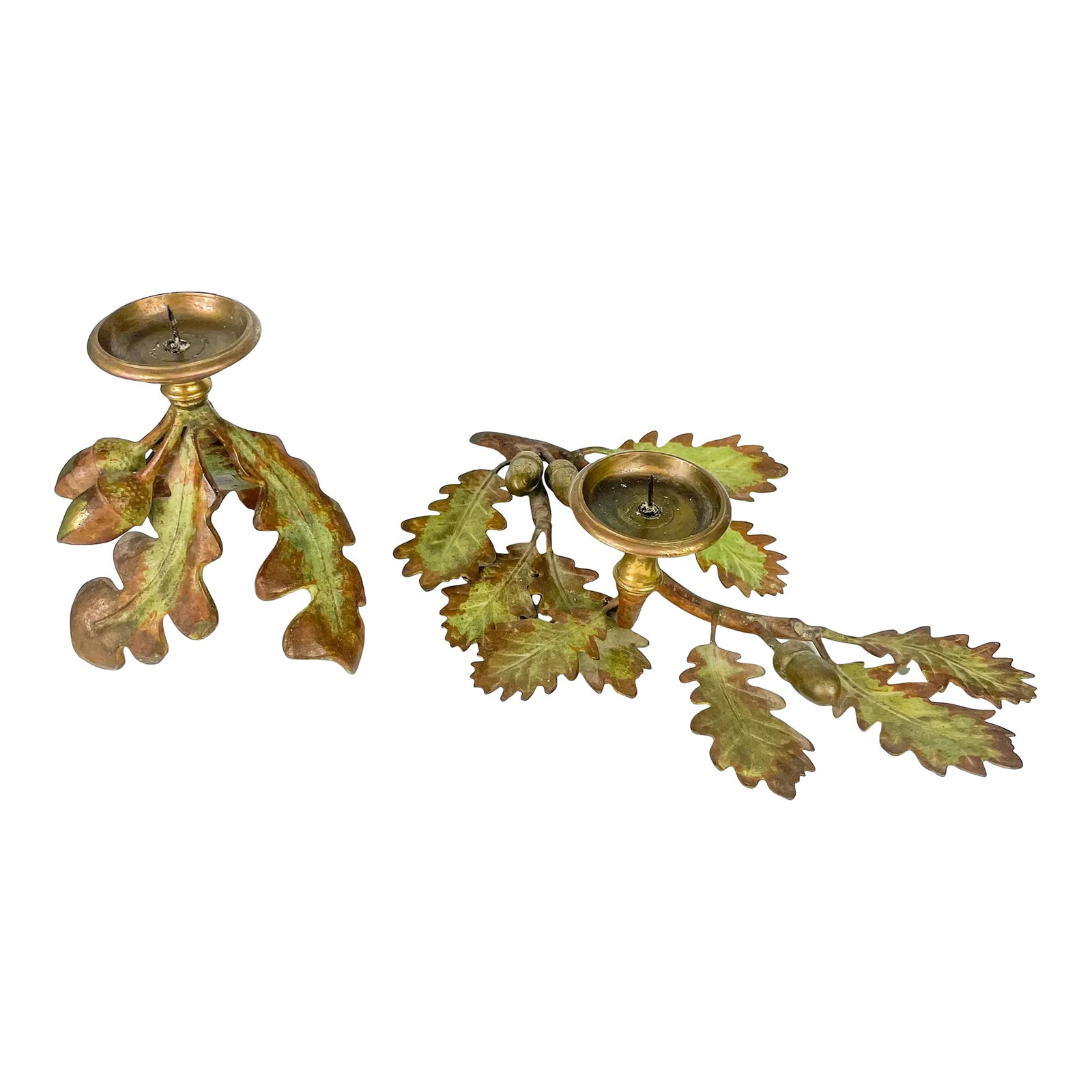 2000s Cs Arte Firenze Cast Bronze Oak Branches With Leaves and Acorns Candleholders- Set of 2: CS Arte Firenze Cast Bronze Oak Branches with Leaves And Acorns Candleholders. Tall candleholder: 5.25" W x 6.0" H x 5.25" D Long candleholder: 12.5'' W x 4'' H x 8'' D Marked CS on the bottom.