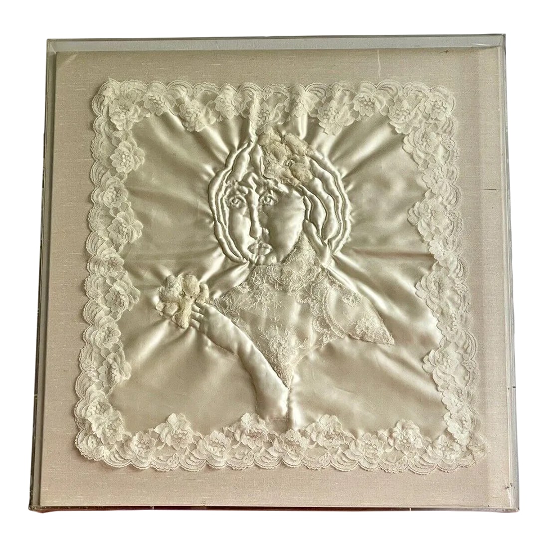 Dimensional Mixed Media Fabric Art Portrait Hand Quilted 1980s Lucite Box Frame: PALM BEACH ESTATE FIND!! 3D Mixed Media Fine Art Portrait of a Lady. This is Hand Quilted with monochromatic ivory fabric and lace. It has an almost angelic, or ghostly quality. Very ethereal! It is