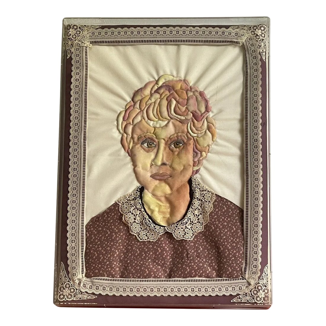 3d Mixed Media Fabric Art Portrait Hand-Painted & Quilted 1980s Lucite Box Frame: PALM BEACH ESTATE FIND!! 3D Mixed Media Fine Art Portrait of a Lady. This is Hand-Painted & Hand Quilted with both fabric and lace. The face has such detail! It is presented in a Lucite Box Frame meas
