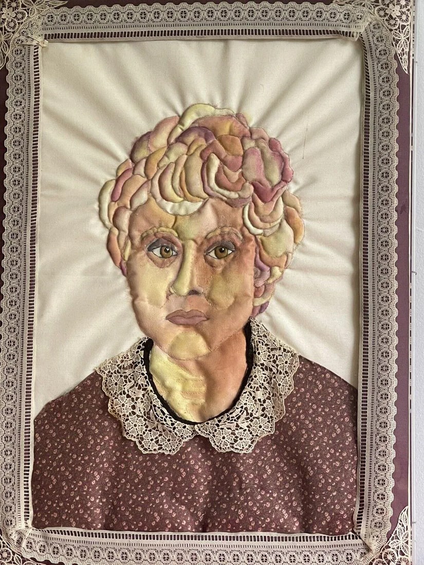 3d Mixed Media Fabric Art Portrait Hand-Painted & Quilted 1980s Lucite Box Frame - 2