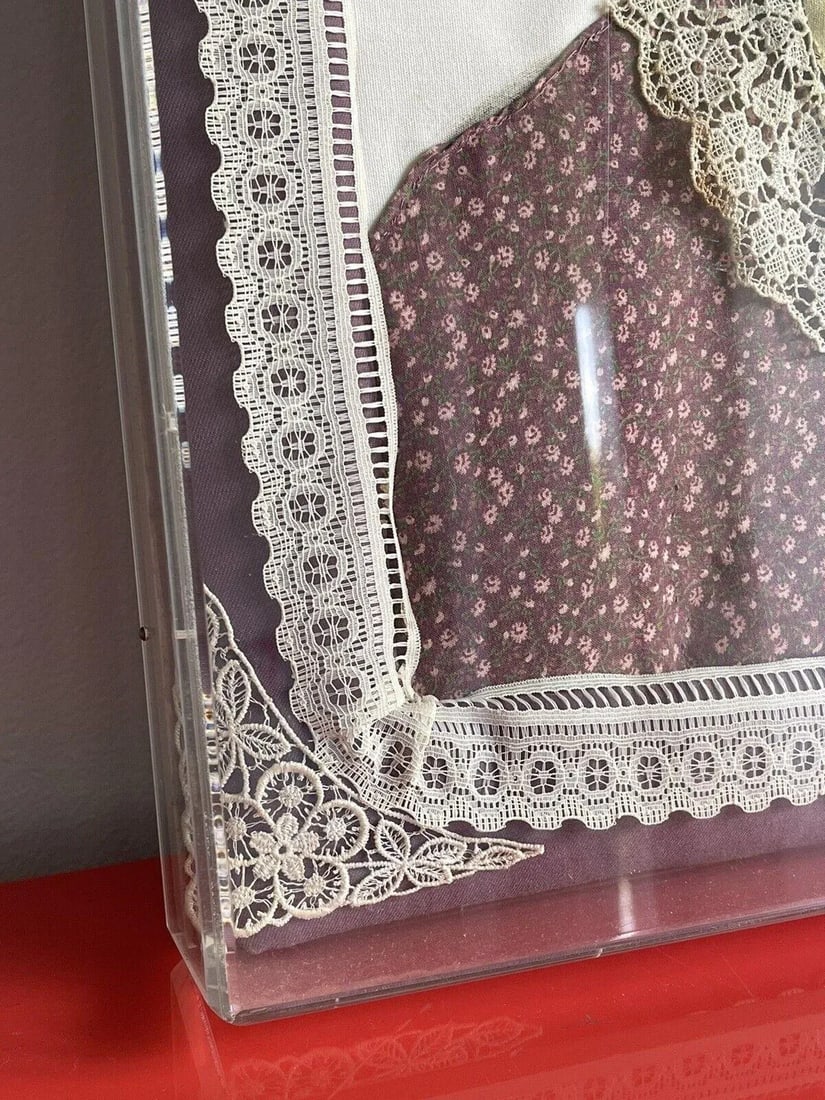 3d Mixed Media Fabric Art Portrait Hand-Painted & Quilted 1980s Lucite Box Frame - 4