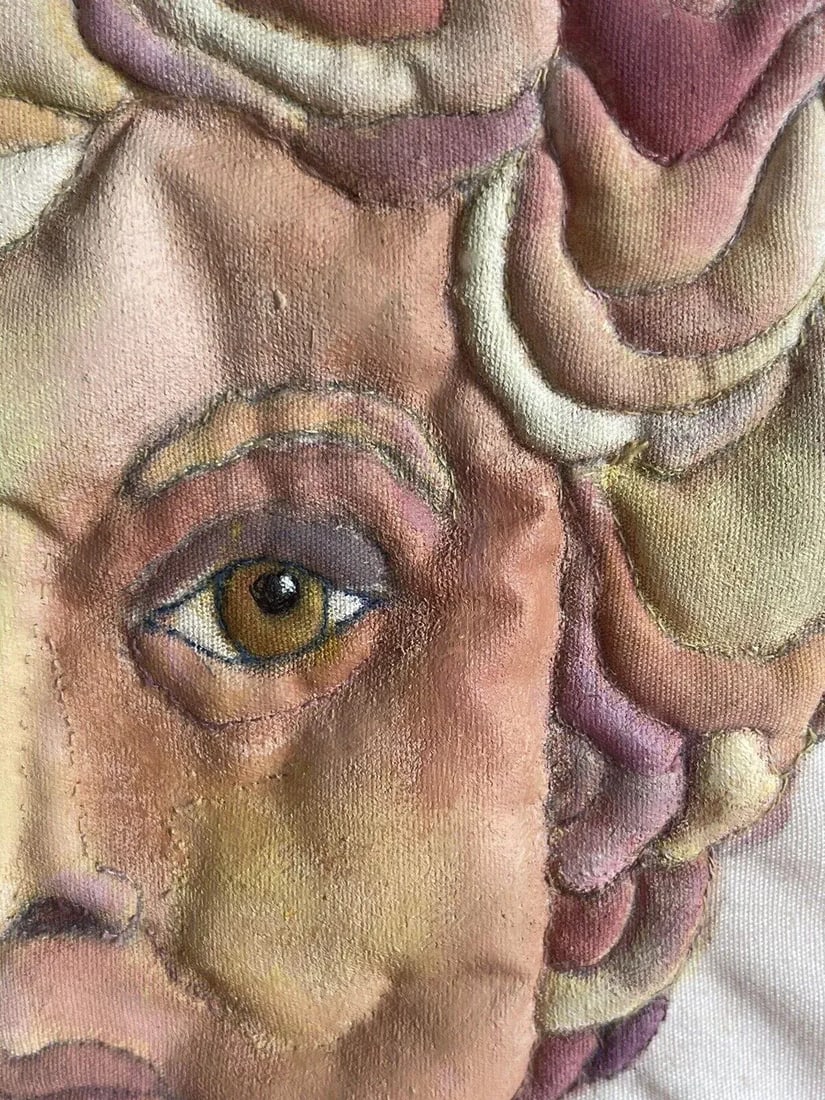 3d Mixed Media Fabric Art Portrait Hand-Painted & Quilted 1980s Lucite Box Frame - 6