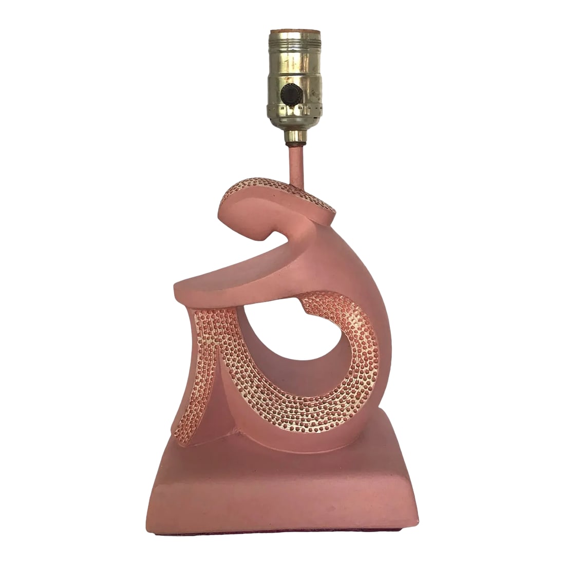 Mid-Century Modern Desk Table Lamp by F. A. I. P. Style of Weinberg, 1950s: Mid Century Modern small plaster or chalkware table lamp of stylized seated Lady in pink from the 1950s. The white partial body front and hair with pink pin pricks adding a nice texture. Incised on th