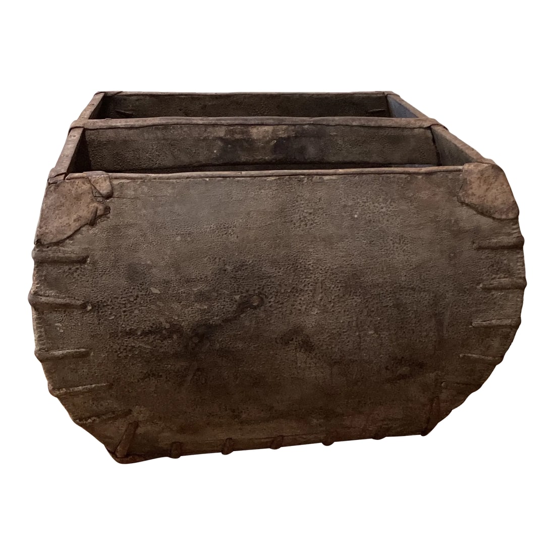 1900 Antique Provincial Chinese Rice Measure: This square container was made over a hundred years ago to measure and hold a dou of rice, an ancient Chinese measurement. It is handcrafted with thin finger joints, iron-finished edges, and a gently 