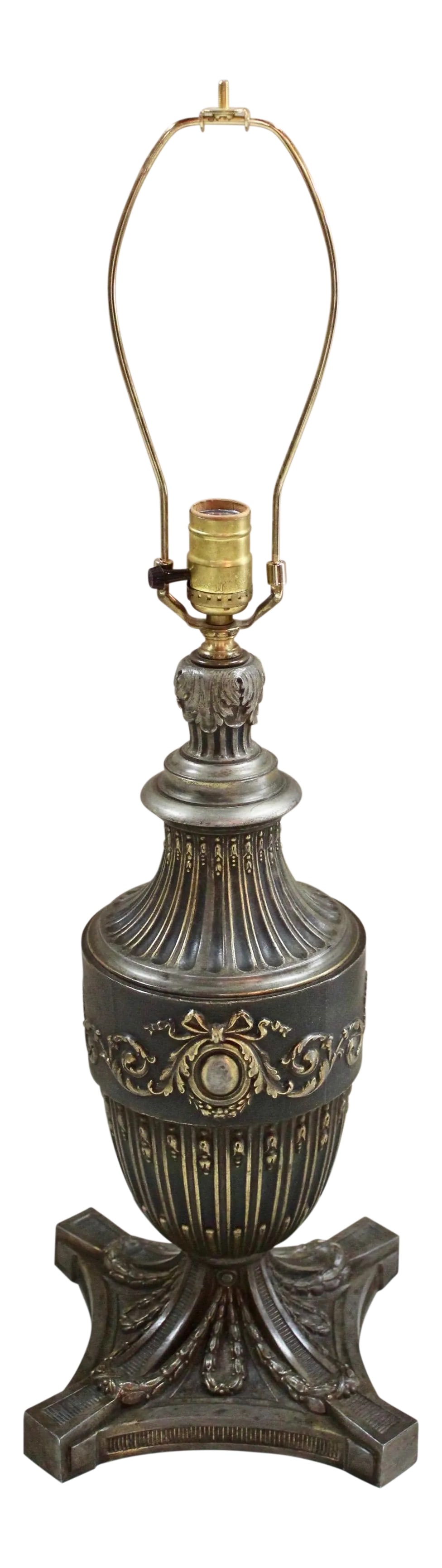 19th Century Neoclassical Spelter "Kerosene" Lamp: Late 19th century lamp, base originally kerosene, but now wired for electricity. Neoclassical style. Condition: Alterations: Original Design Modified Imperfections: Some Imperfections Condition