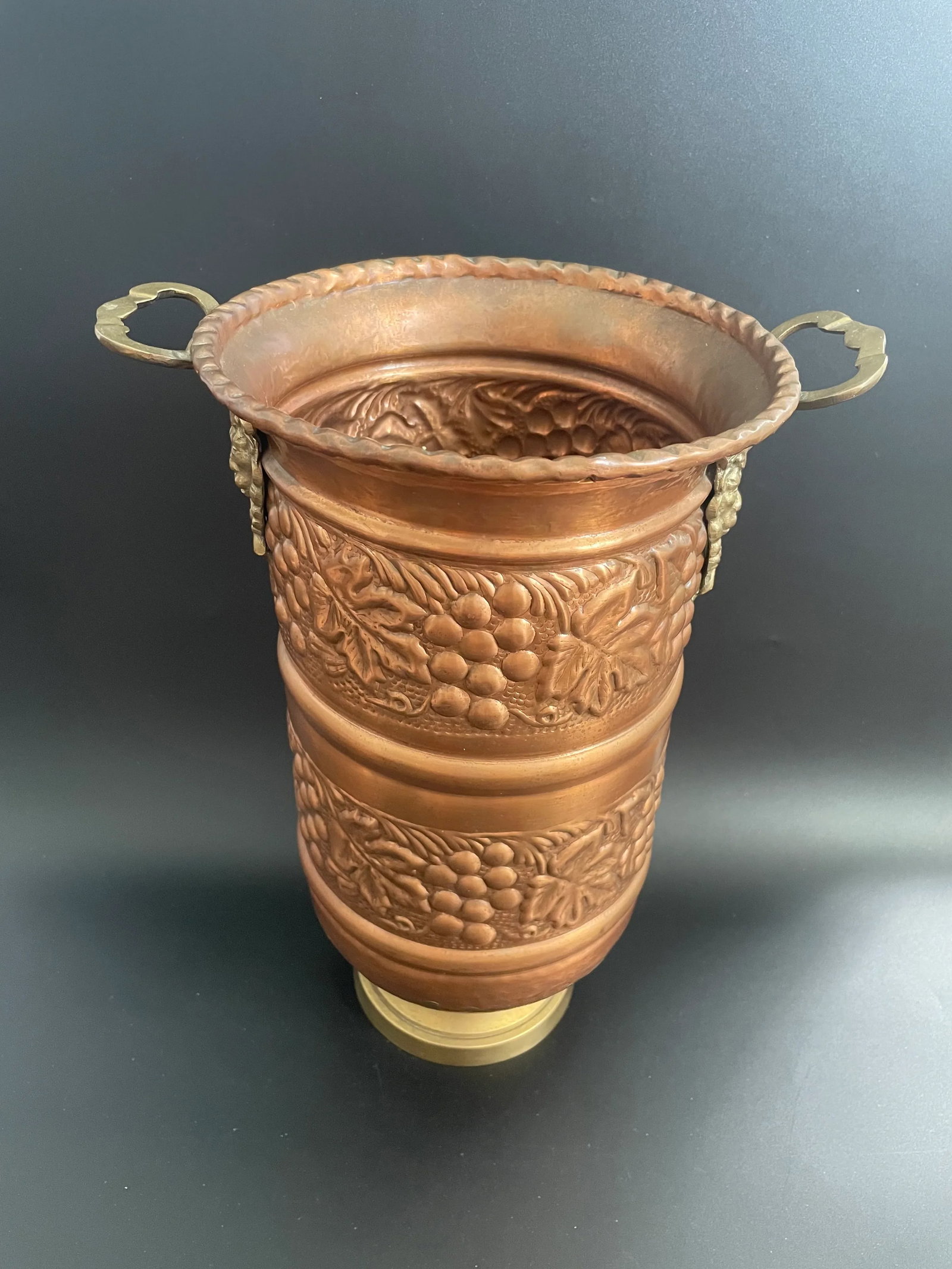 Vintage Embossed Brass Grapes & Vines Jardiniere Planter Vase With Lion Head Handles - 2