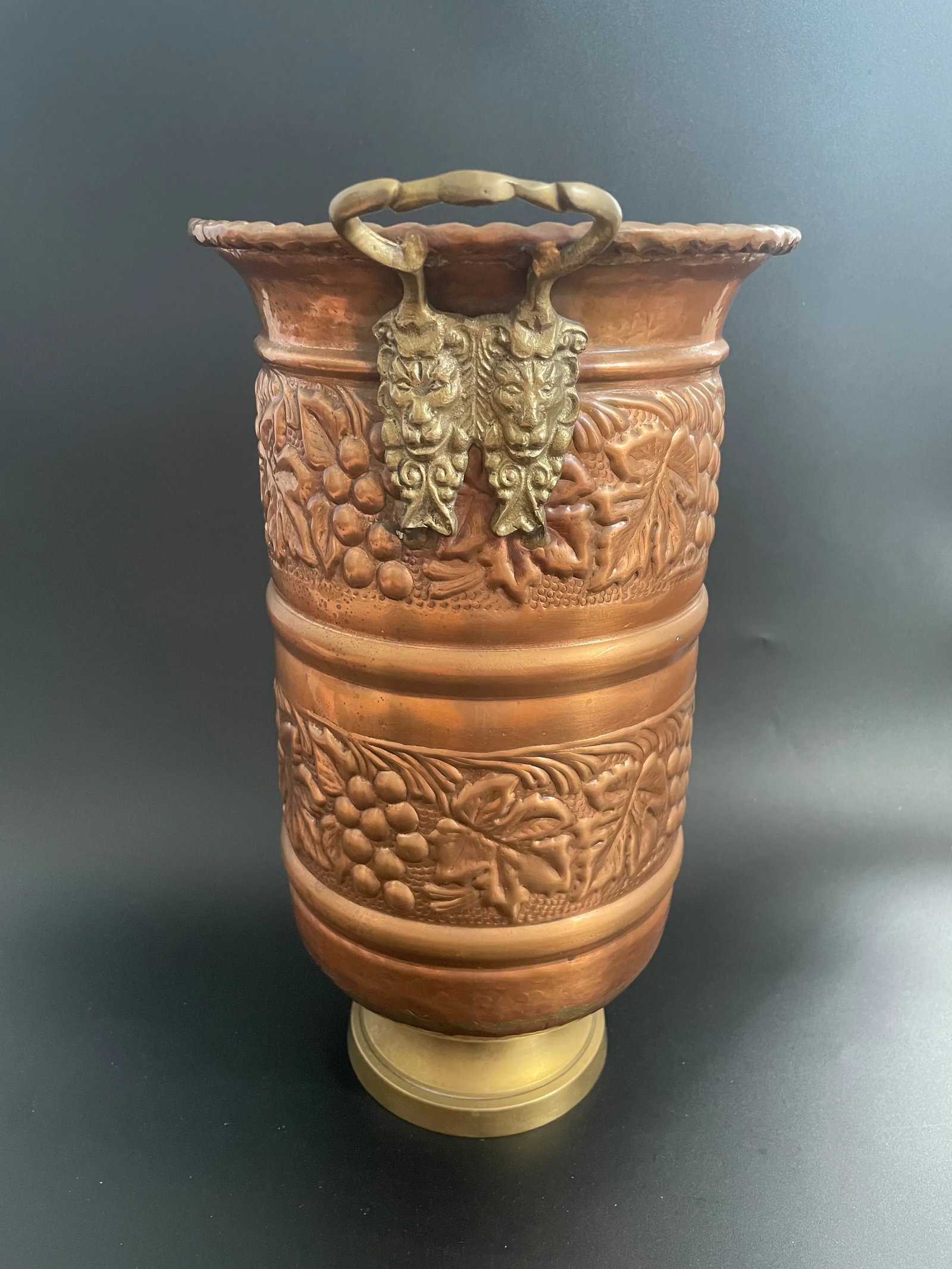 Vintage Embossed Brass Grapes & Vines Jardiniere Planter Vase With Lion Head Handles - 3