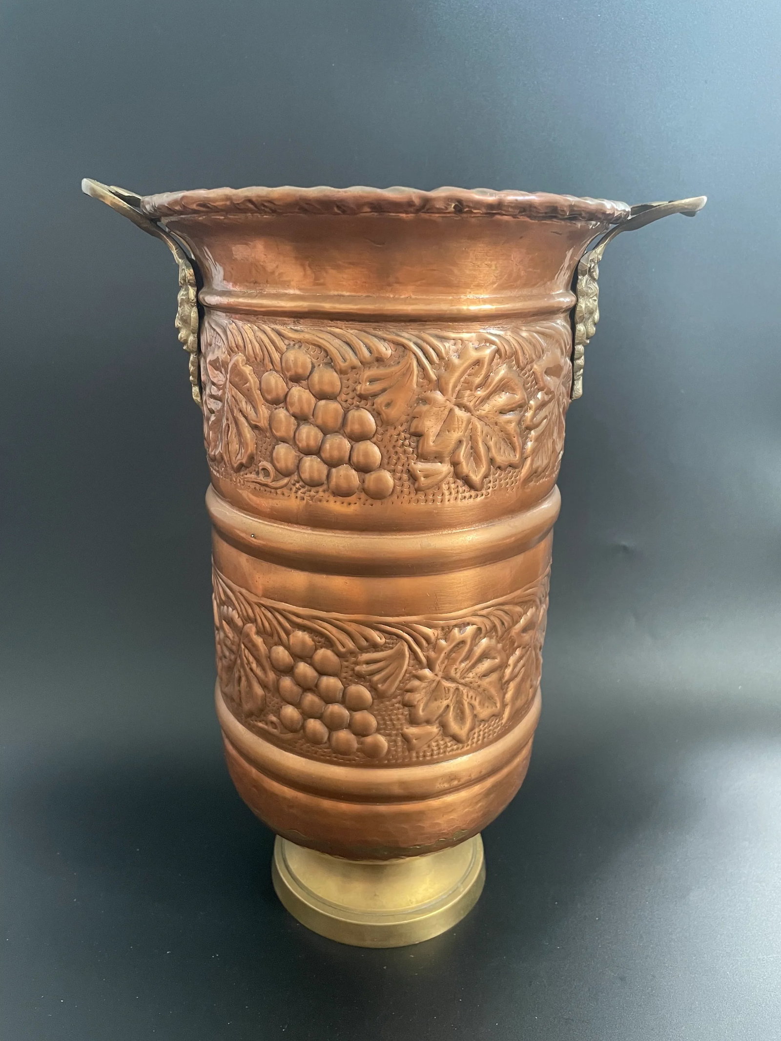 Vintage Embossed Brass Grapes & Vines Jardiniere Planter Vase With Lion Head Handles - 4