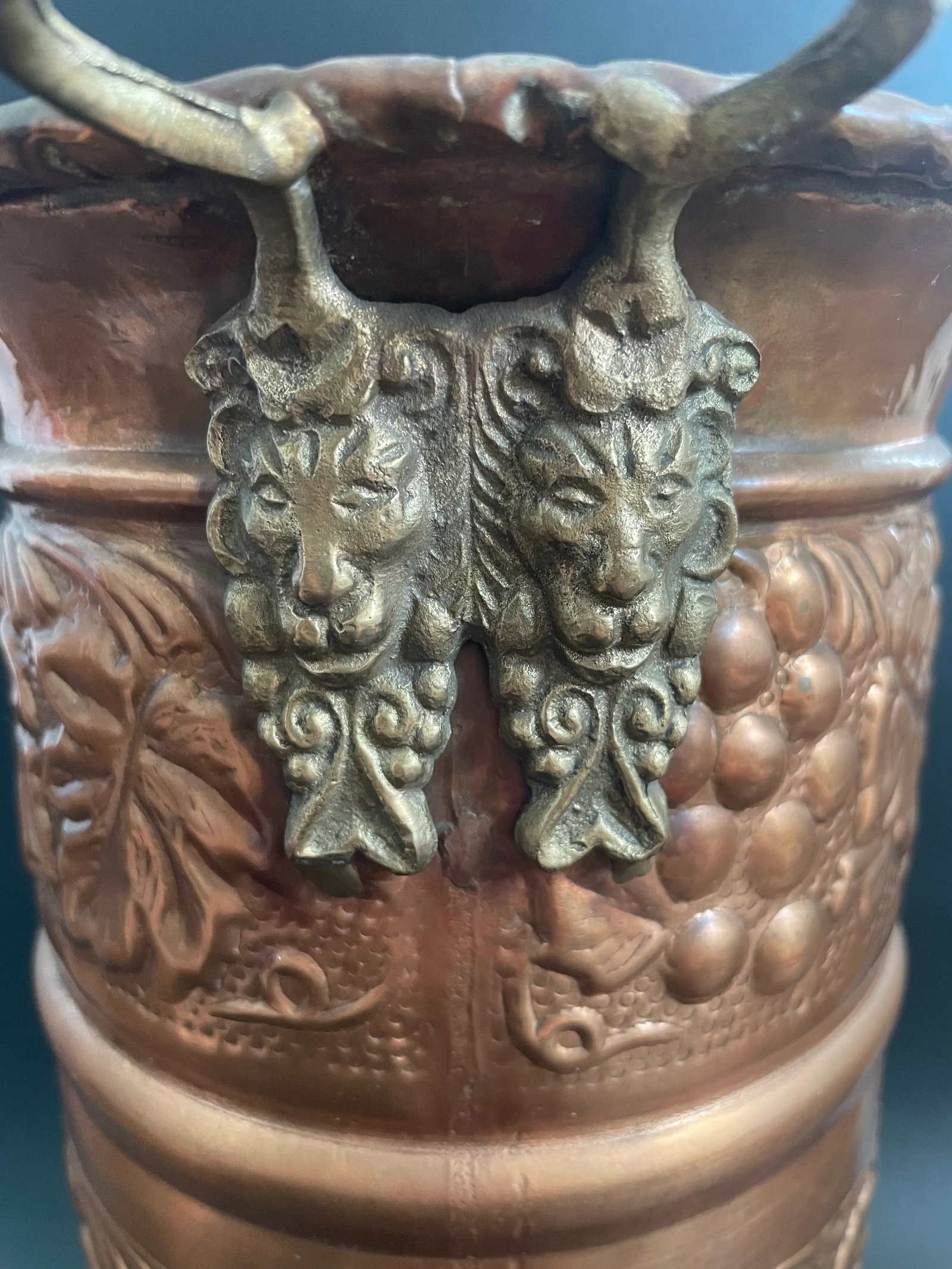 Vintage Embossed Brass Grapes & Vines Jardiniere Planter Vase With Lion Head Handles - 9