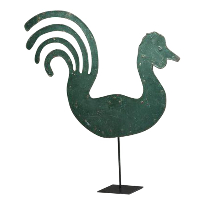 Antique 19th Century Cut Metal Rooster Weathervane on Stand: Large, antique rooster weathervane made of cut metal and painted green. The piece was likely produced in the mid-19th century. The piece includes a metal stand. The rooster measures approximately 23