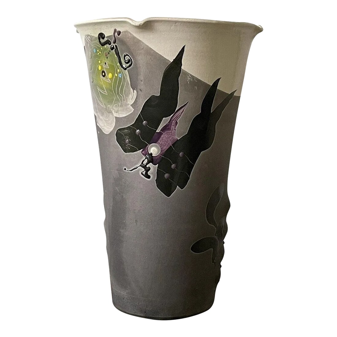 1980s Jamie Davis Studio Art Pottery 1980s Postmodern Raku Ceramic Vase: PALM BEACH ESTATE FIND!! Monumental Studio Art Pottery vase by Jamie Davis, circa 1980s. It measures a whopping 15" tall and approximately 7" at its widest midsection with a 10" opening. Has a funky,