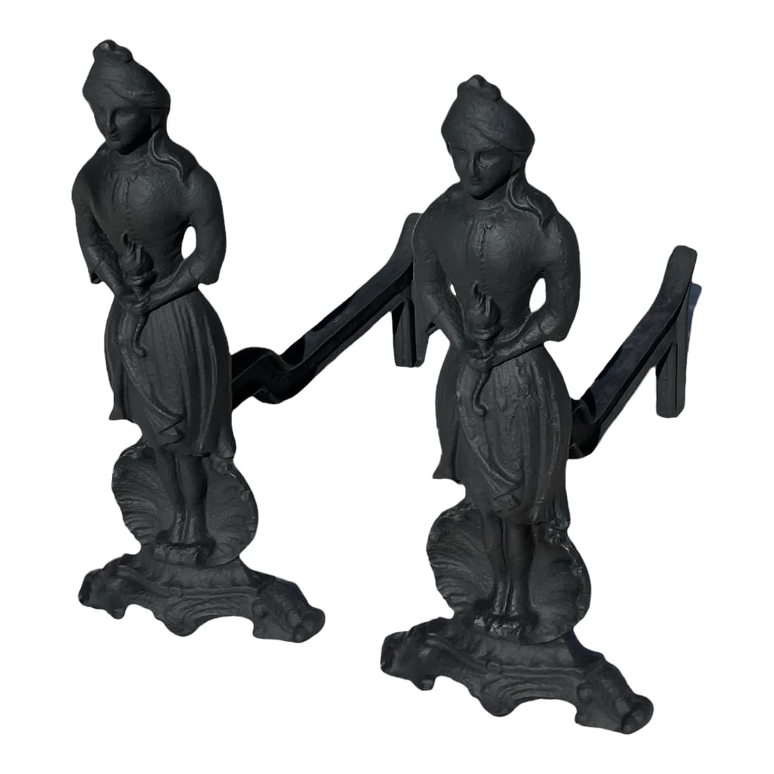Antique Pair of Figural French Napolean III Period Black Cast Iron Fireplace Andirons, Circa 1860s: This beautiful set of unique 160 year old andirons will accent any fireplace with elegance. My investigation of these andirons indicate they were made in the 1860s. They have been meticulously restore