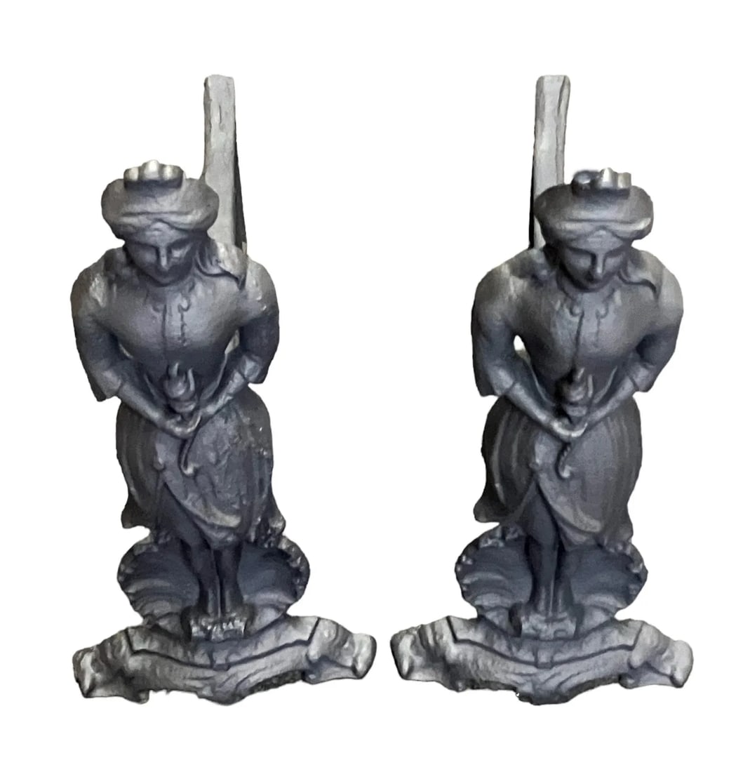 Antique Pair of Figural French Napolean III Period Black Cast Iron Fireplace Andirons, Circa 1860s - 2