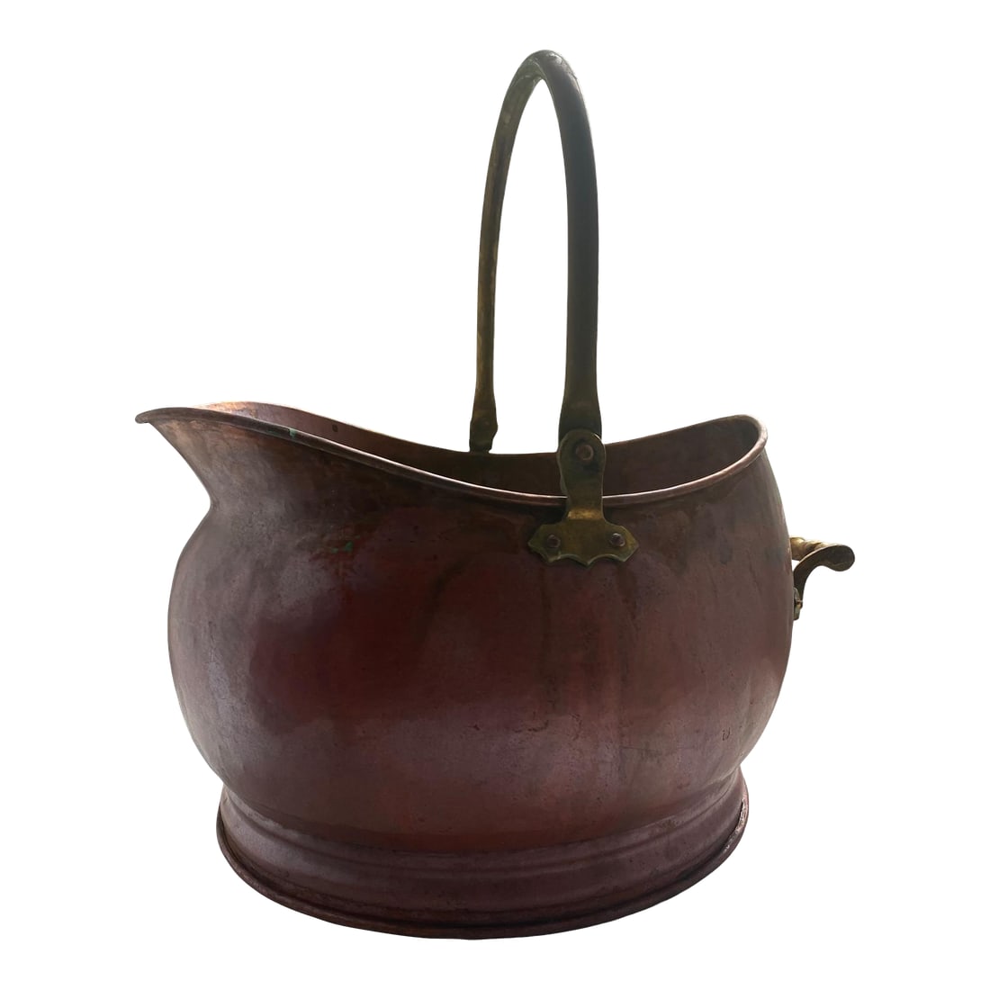 Large 19th Century Antique Copper Helmut Scuttle, Decorative Urn: Late 1800's brass and copper scuttle bucket for coal or kindling wood, a great "accent" to any room. Restored to show copper sheen with hints of patena throughout. The bucket shows rich colors hand sh