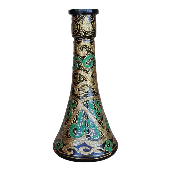 Vintage Glass Vase or Decanter With Overlay Pattern in Green and Gold: (YOU CAN MAKE REASONABLE OFFERS). The glass vessel is in the form of a ships decanter with beautiful overlay artwork on it in green and gold color. It is 14" tall and 7" wide. The top is 3" wide and t