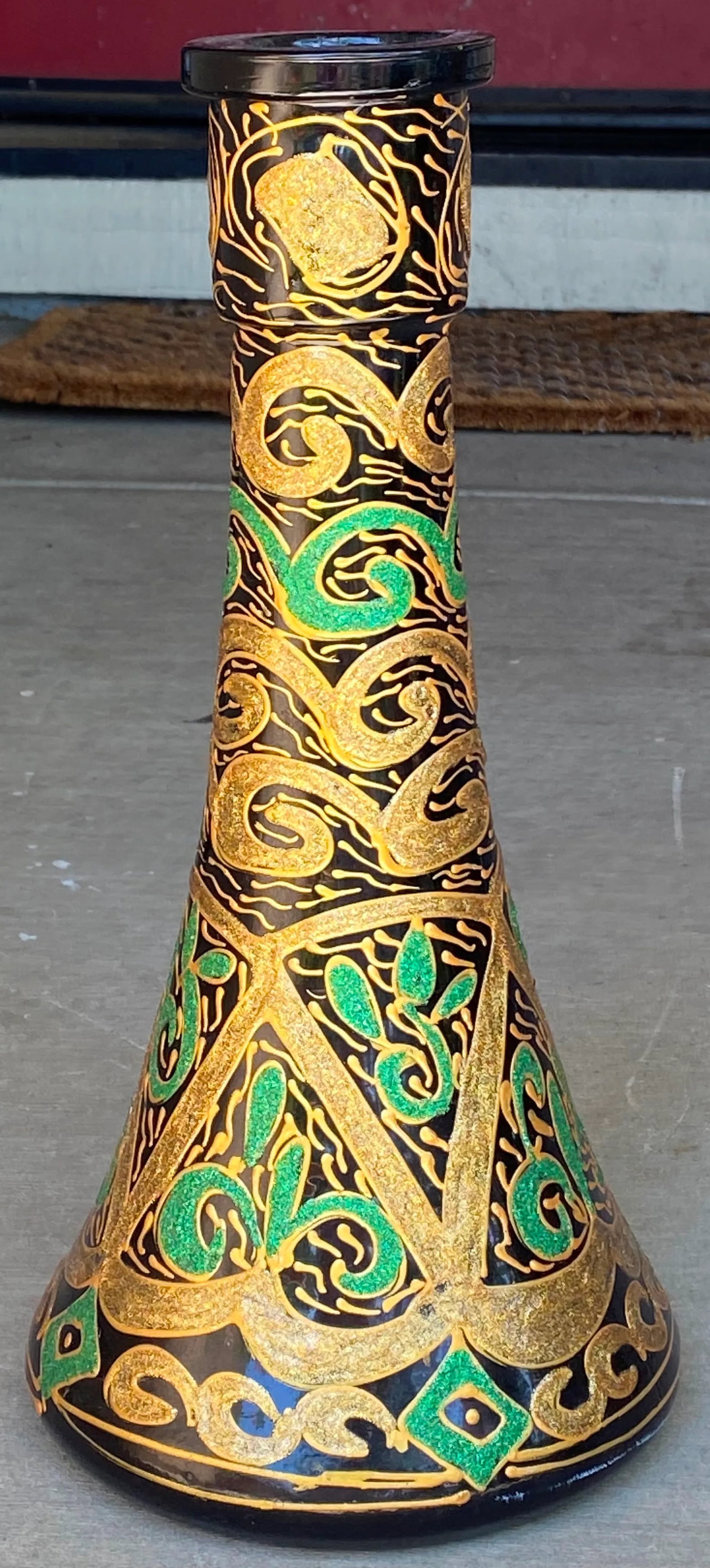 Vintage Glass Vase or Decanter With Overlay Pattern in Green and Gold - 2