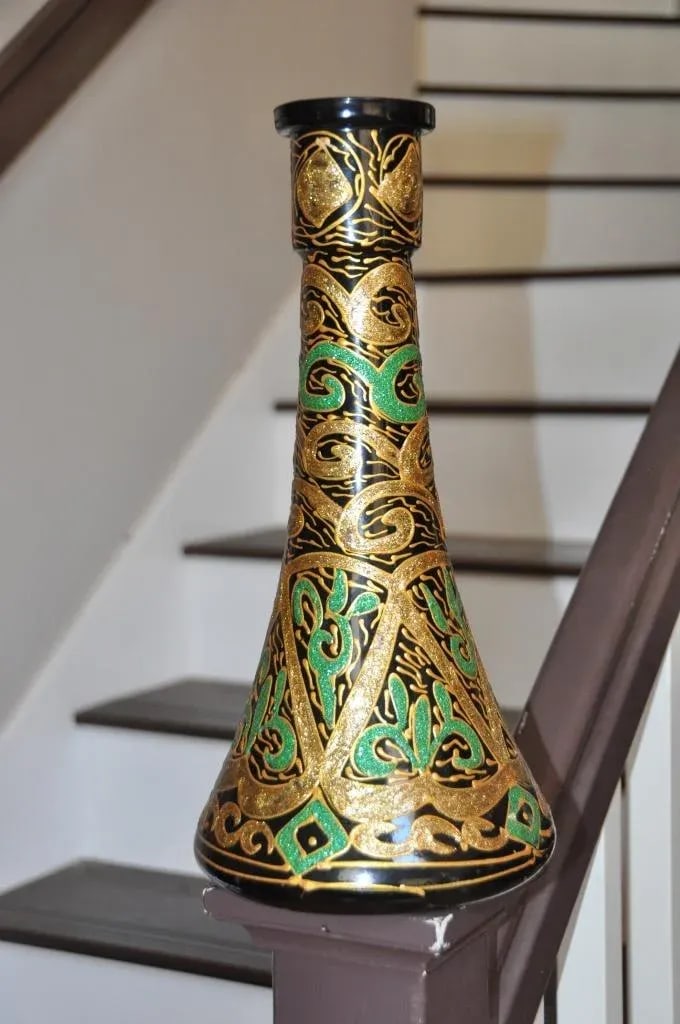 Vintage Glass Vase or Decanter With Overlay Pattern in Green and Gold - 5