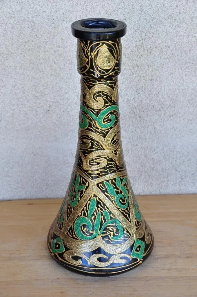 Vintage Glass Vase or Decanter With Overlay Pattern in Green and Gold - 6