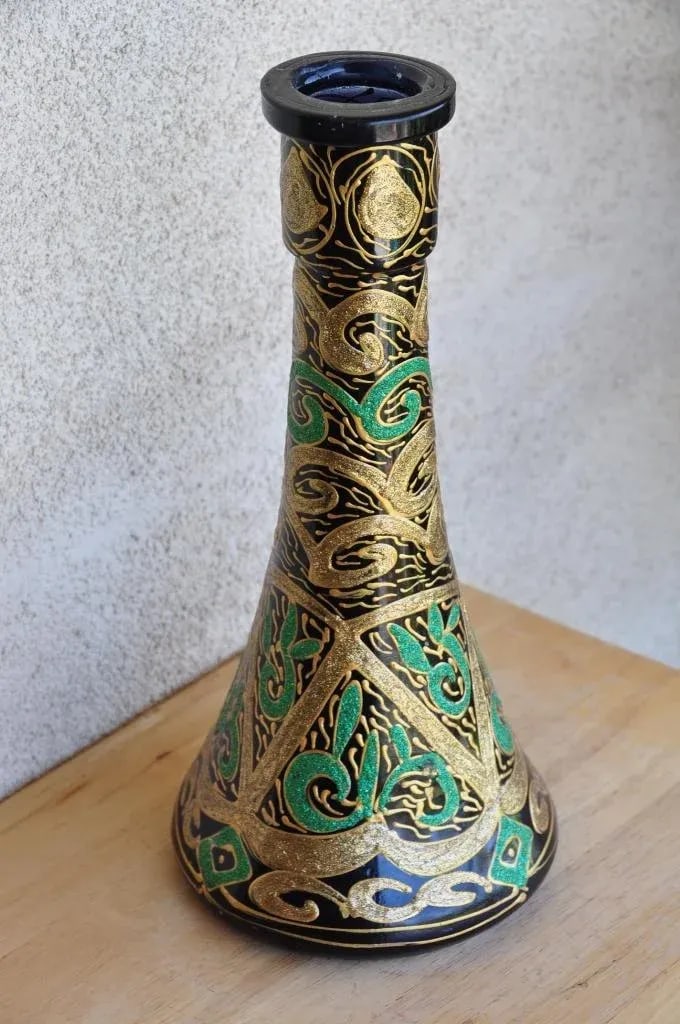 Vintage Glass Vase or Decanter With Overlay Pattern in Green and Gold - 7