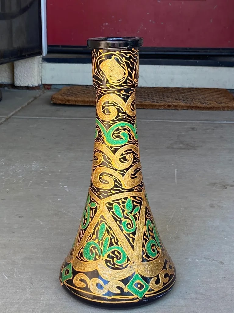 Vintage Glass Vase or Decanter With Overlay Pattern in Green and Gold - 8