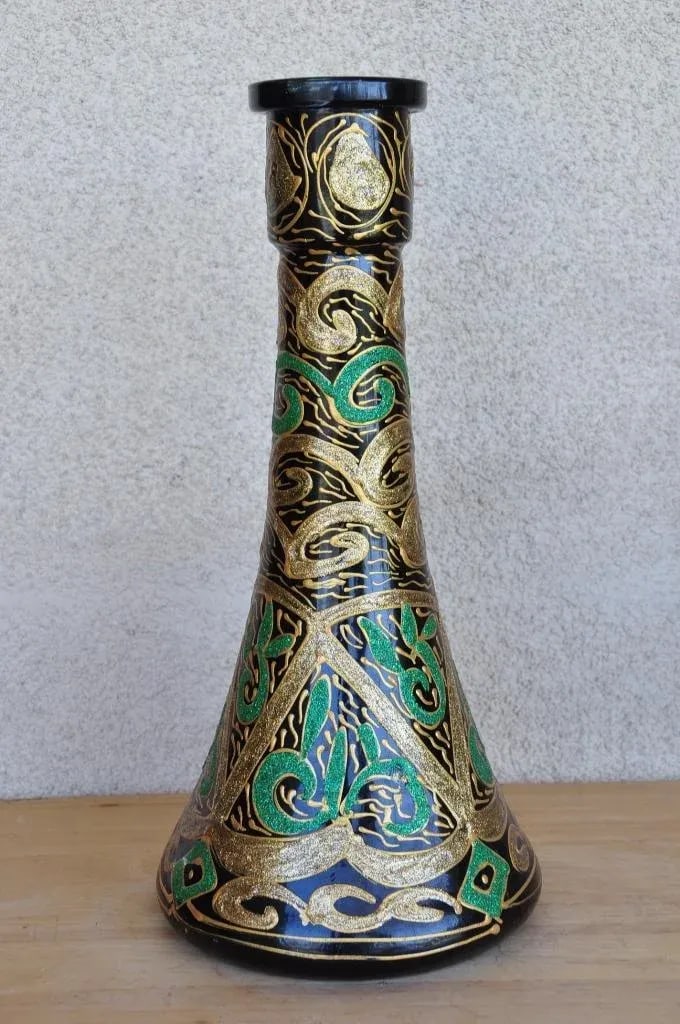 Vintage Glass Vase or Decanter With Overlay Pattern in Green and Gold - 9