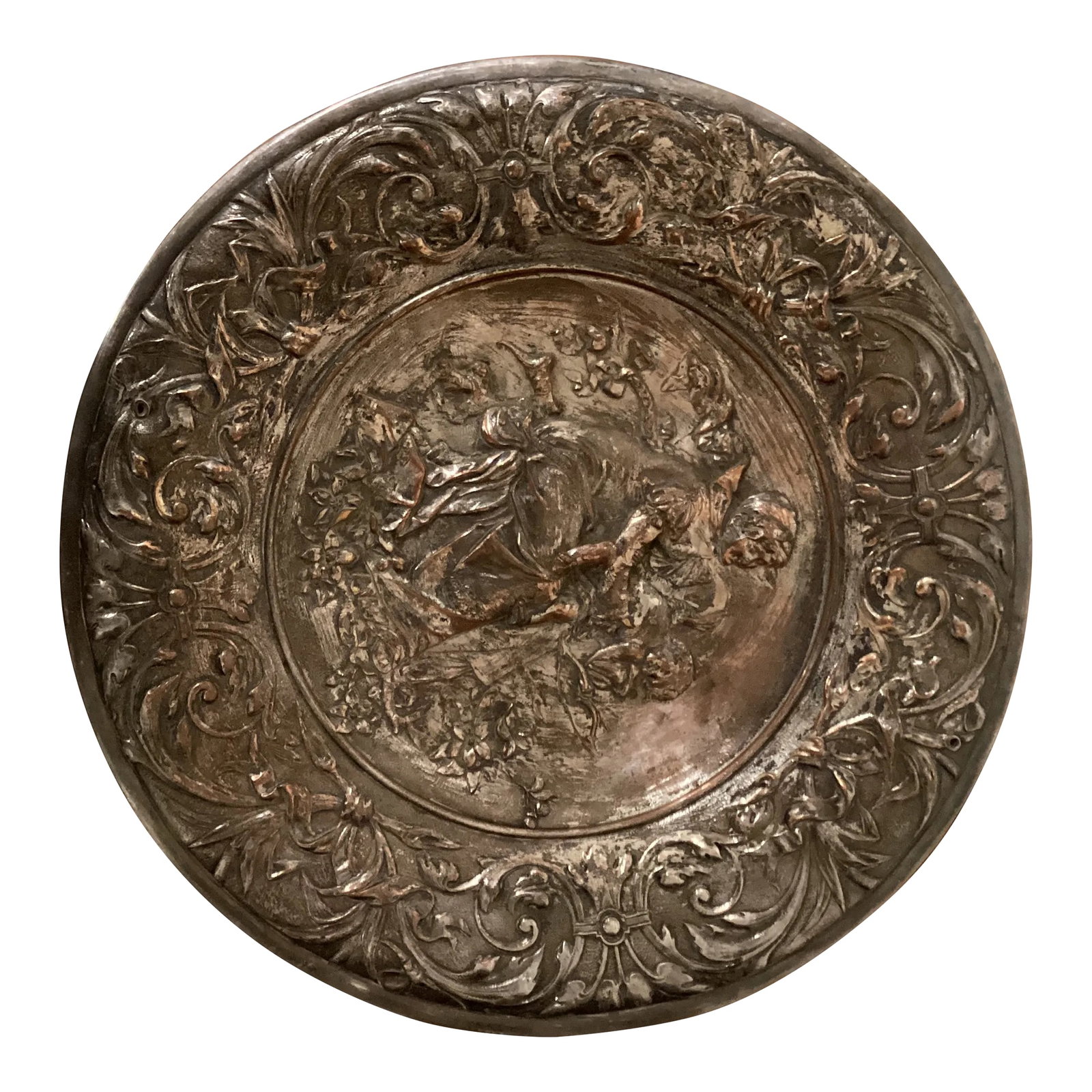 Ellington & Co. Victorian Neoclassical Silver on Cooper Tray, Circa 1800 - 1900: Elkington, Victorian, Neo Classical silver platter stamped on the back. Elaborately decorated throughout with classical scenes. In excellent order with warm copper bleed emerging through the silver