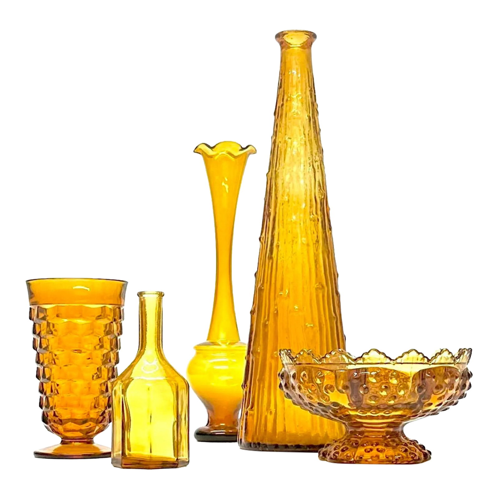 Eclectic Amber Glass Vase Curation - Group of 5: Assorted amber vessels, group of 5. An eclectic group of amber glass vases of assorted textures and sizes, a perfect opportunity to add some color to your living space. Shortest: 3.5"H Tallest: 4.25"W