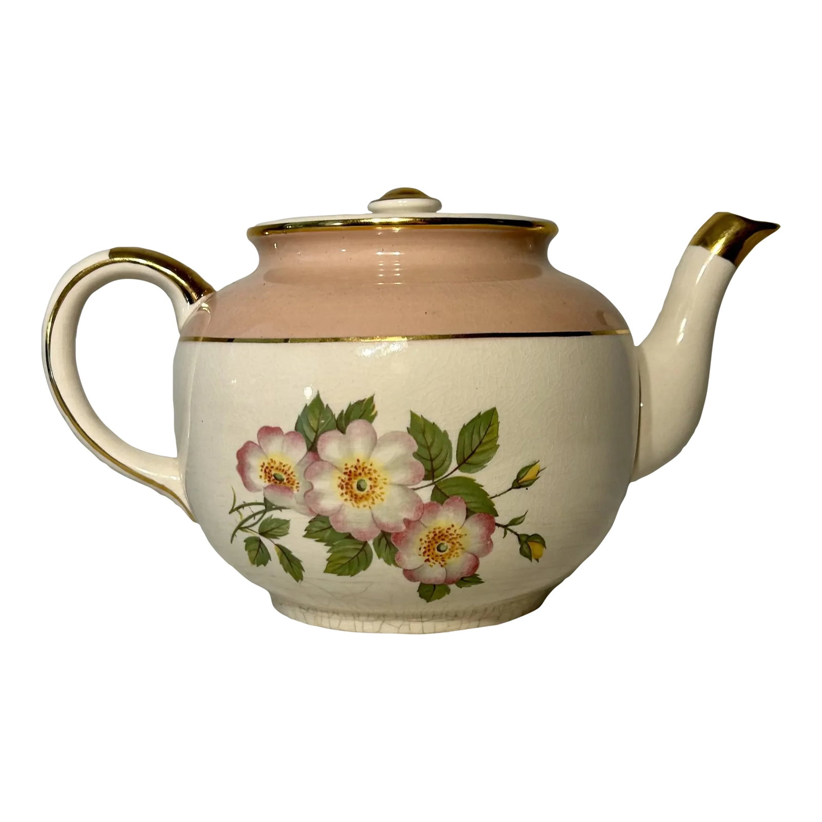 1950s Ellgreave Pink Floral Tea Pot With Gold Trim: Pretty pinks and white floral tea pot with gold trim on the spout handle and knob y Ellgreave of England. The makers mark on the bottom dates the piece to the mid 1950's. Ellgreave Burslem England