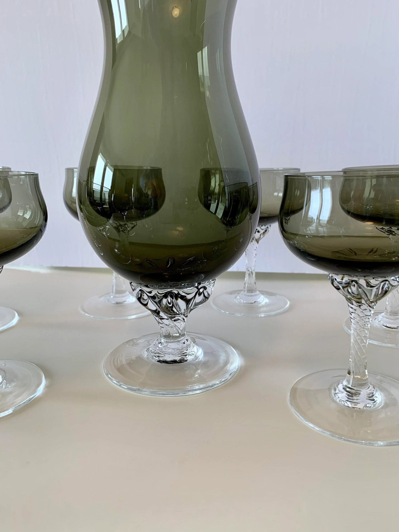 Vintage Pitcher With Stirrer and 12 Stem Glasses - 7