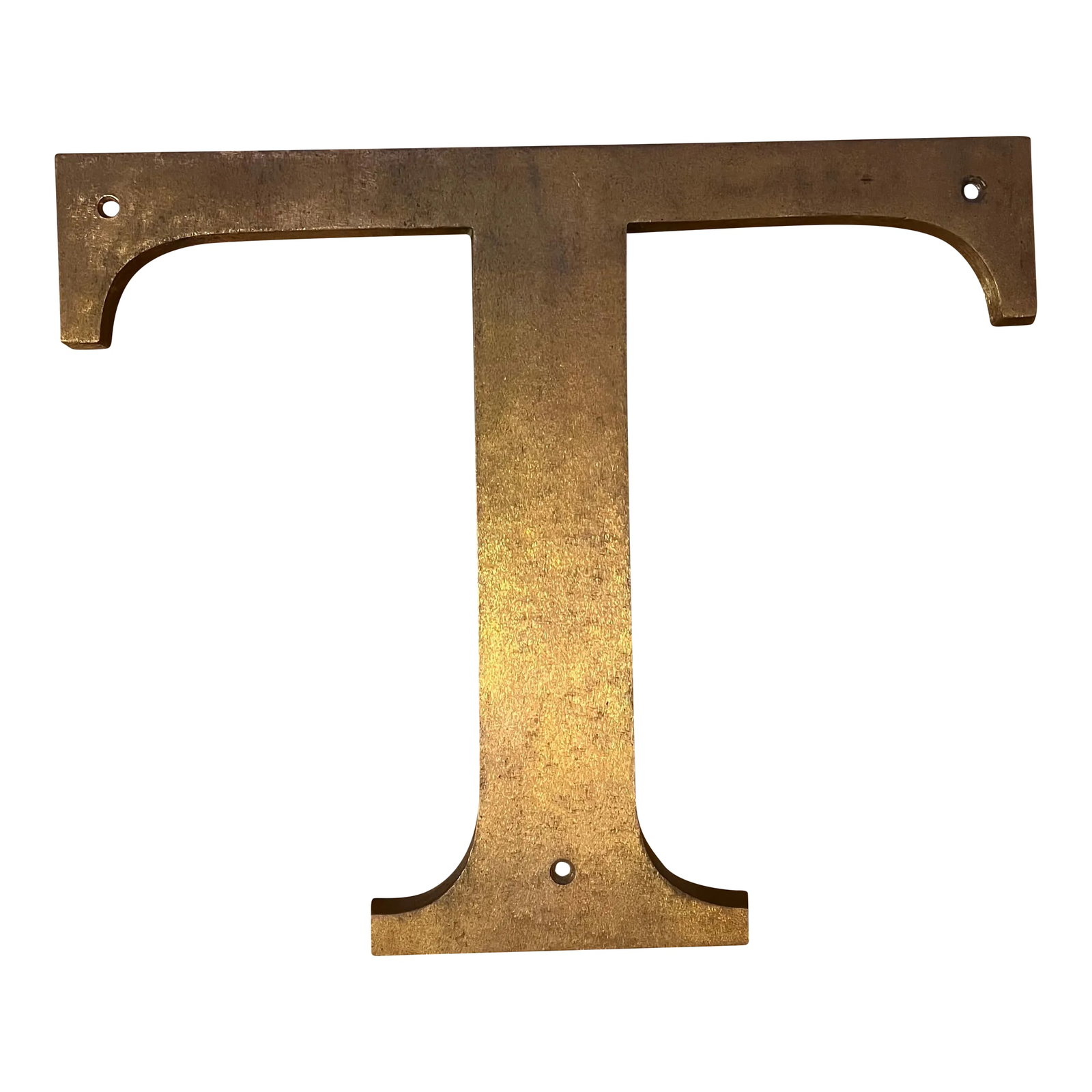 1960s The Letter T, Bronze Style Patina, Metal Serif Letter: Large heavy serif letter T. Metal, not sure of material, possibly iron, front surface has a bronze style patina. From 1960s. There are 3 drilled holes to mount on wall. 3 screws included. Condition: