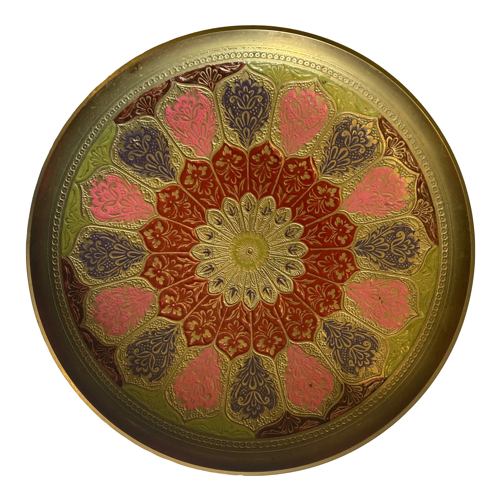 Vintage Hand Painted Brass Decorative Wall Plate: A beautiful vintage enameled brass plate featuring an intricate floral design in rich jewel tones. This decorative piece is ideal for hanging on the wall or displaying on a stand. With detailed