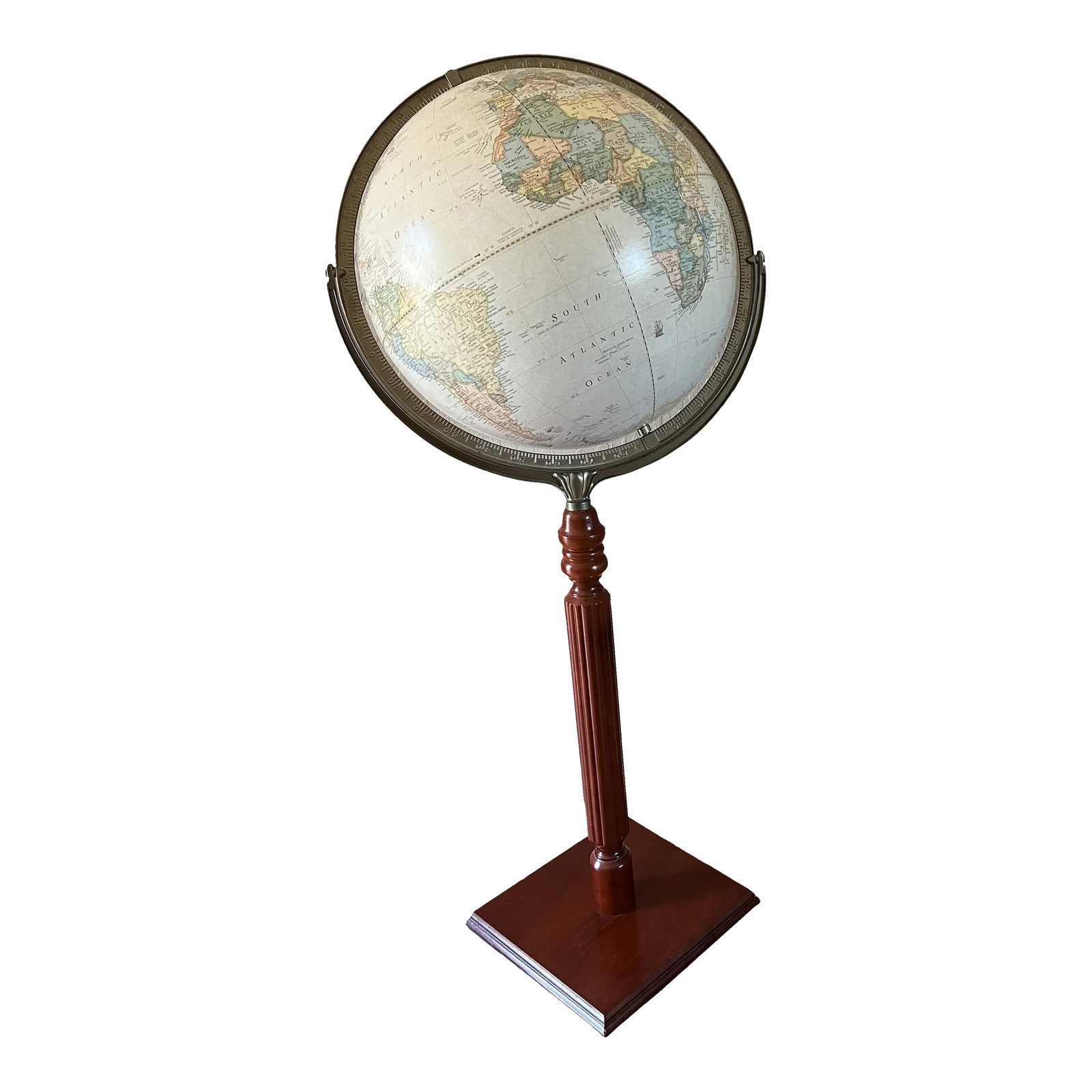 1960sGeorge F. Cram Classic Style Globe: Floor model globe on wood stand by George F. Crams. The classical style wood stand supports the globe which can revolve in its metal meridian ring, and be tilted on its axis to adjust its position. Th