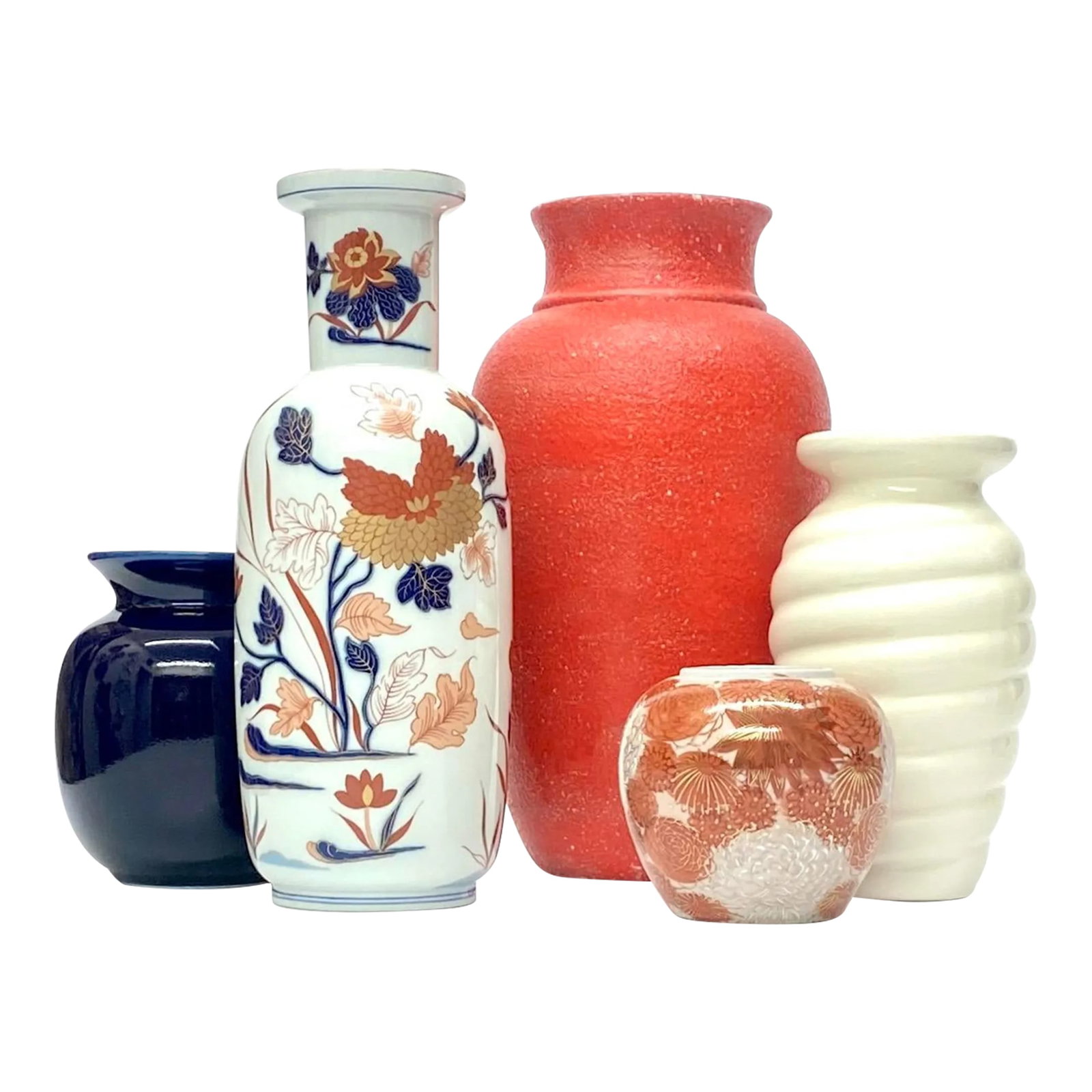 Mixed Chinoise Motif Ceramic Vase Curation - Group of 5: Multi-colored ceramic vases, group of 5. This mixed group of vases features Chinoiserie motifs, which are complemented and enhanced by the inclusion of vases in solid complementary colors tones, and